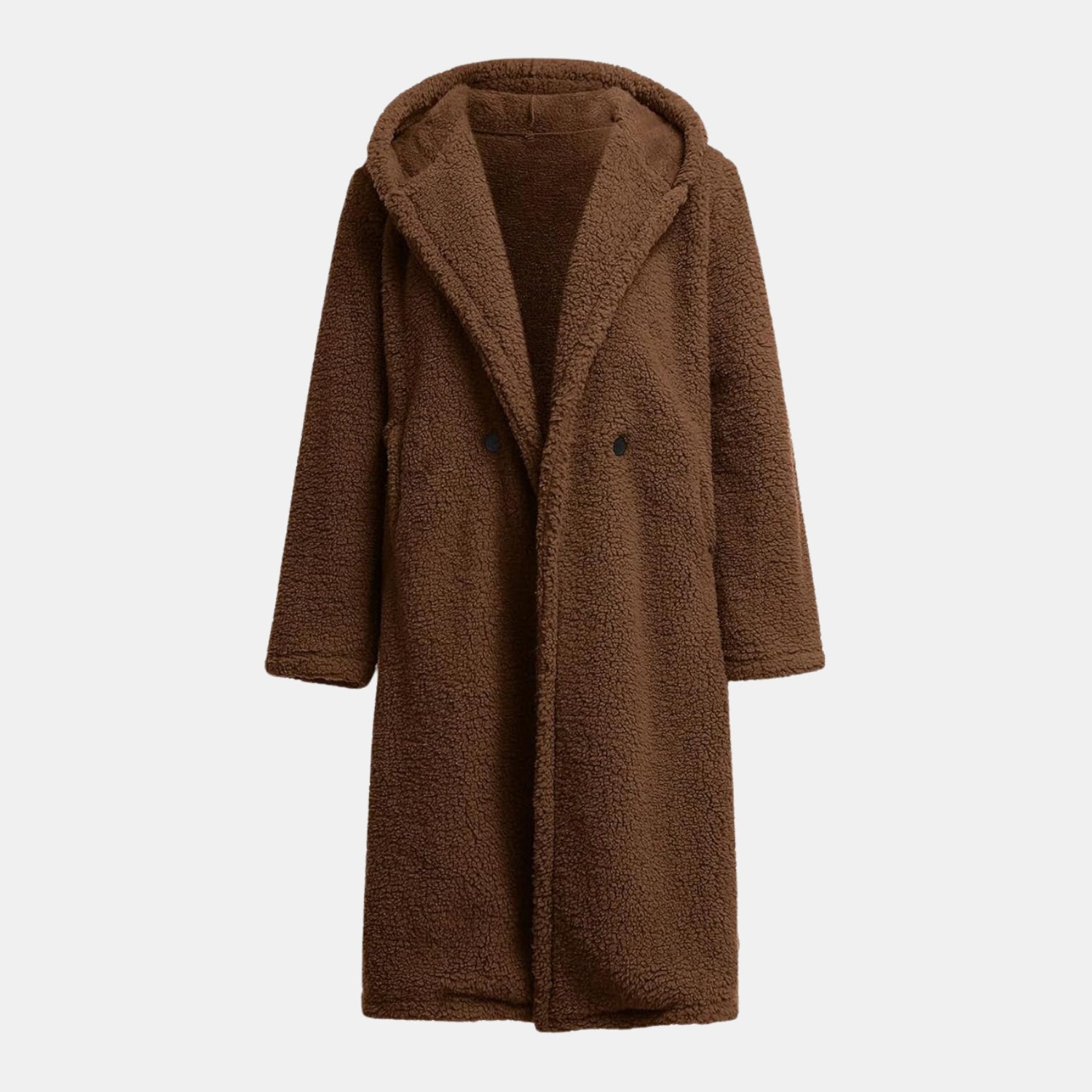 Kuscheliger Teddy-Mantel in Langform mit Kapuze für Damen in Braun – warmer Teddyfellmantel für den Winter