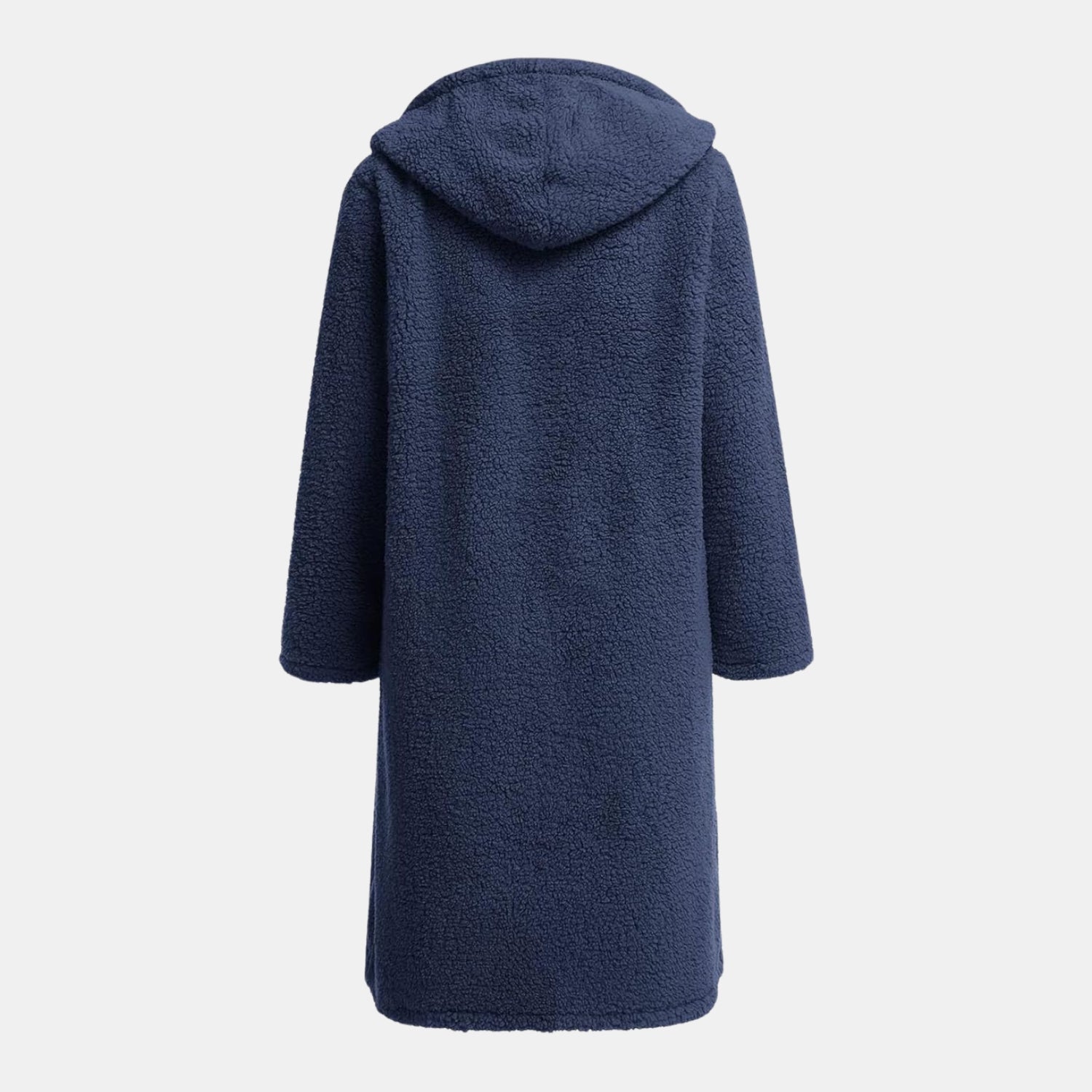 Rückseite des kuscheligen Teddy-Mantels in Langform mit Kapuze für Damen in Dunkelblau