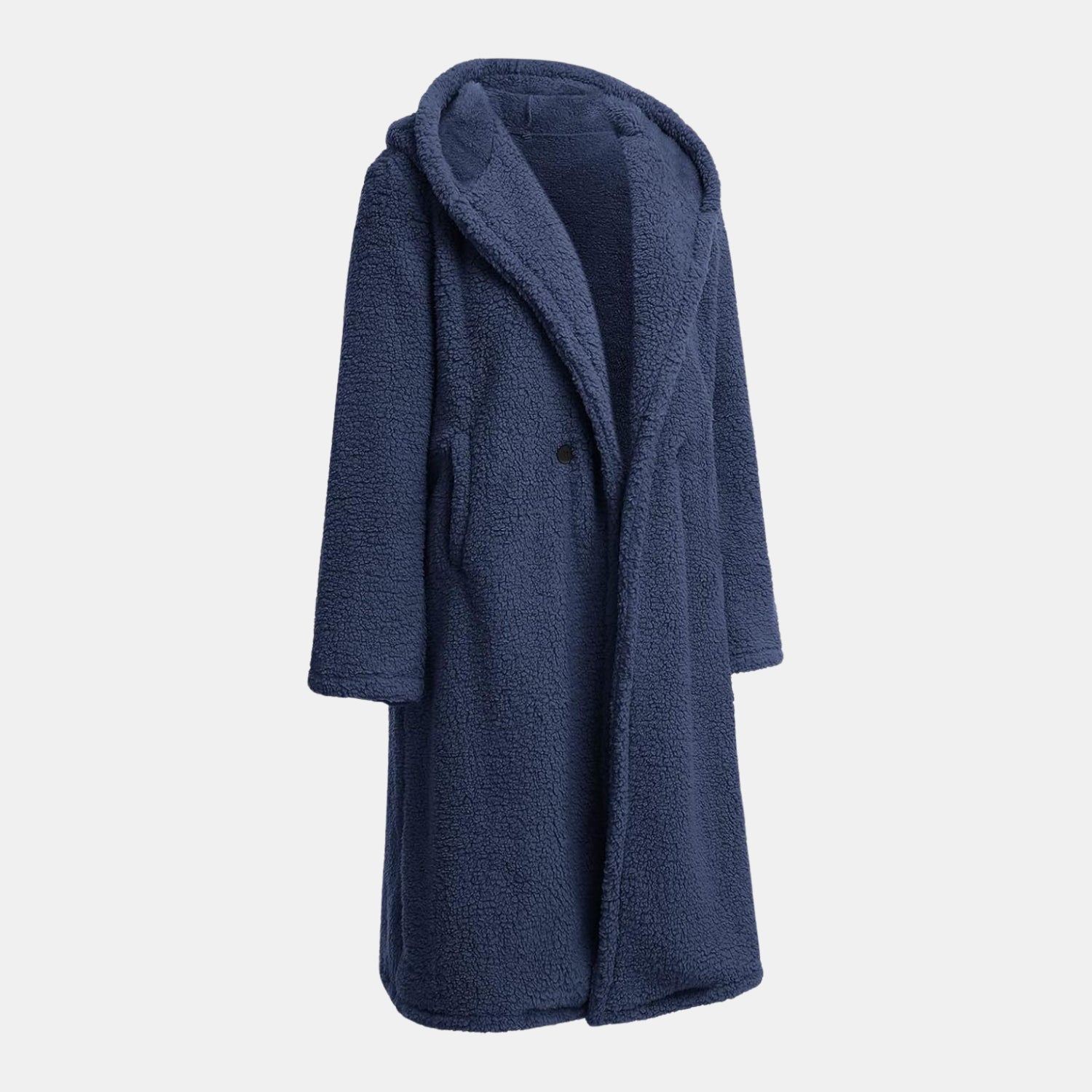 Kuscheliger Teddy-Mantel in Langform mit Kapuze für Damen in Dunkelblau – Seitenansicht des warmen Teddyfellmantels