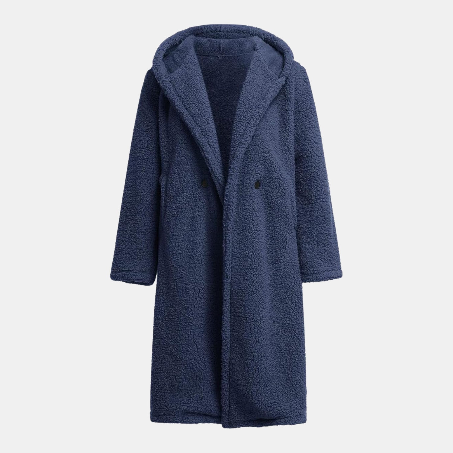 Kuscheliger Teddy-Mantel in Langform mit Kapuze für Damen in Dunkelblau – warmer Teddyfellmantel für den Winter