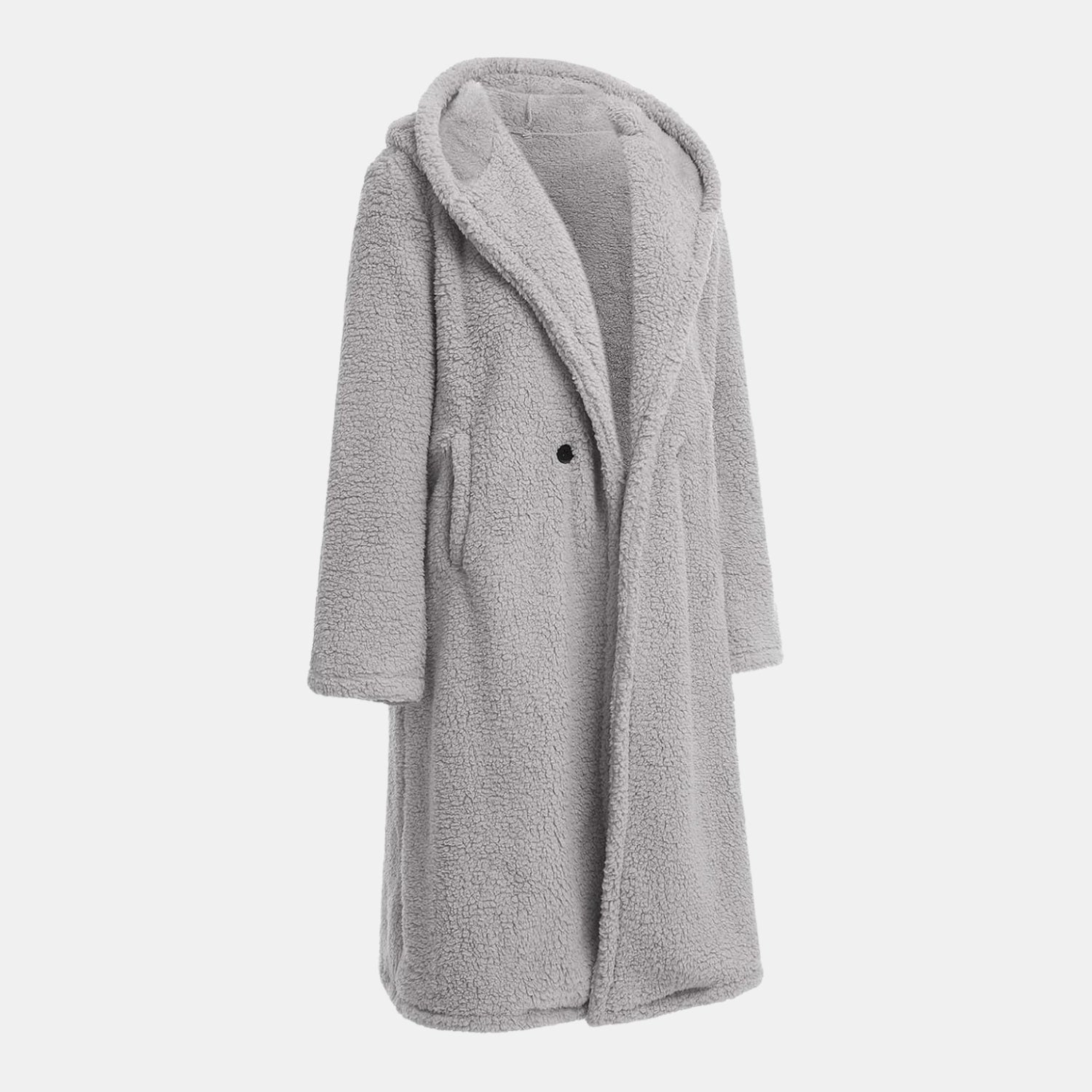 Kuscheliger Teddy-Mantel in Langform mit Kapuze für Damen in Hellgrau – Seitenansicht des warmen Teddyfellmantels