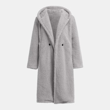 Kuscheliger Teddy-Mantel in Langform mit Kapuze für Damen in Hellgrau – warmer Teddyfellmantel für kalte Tage