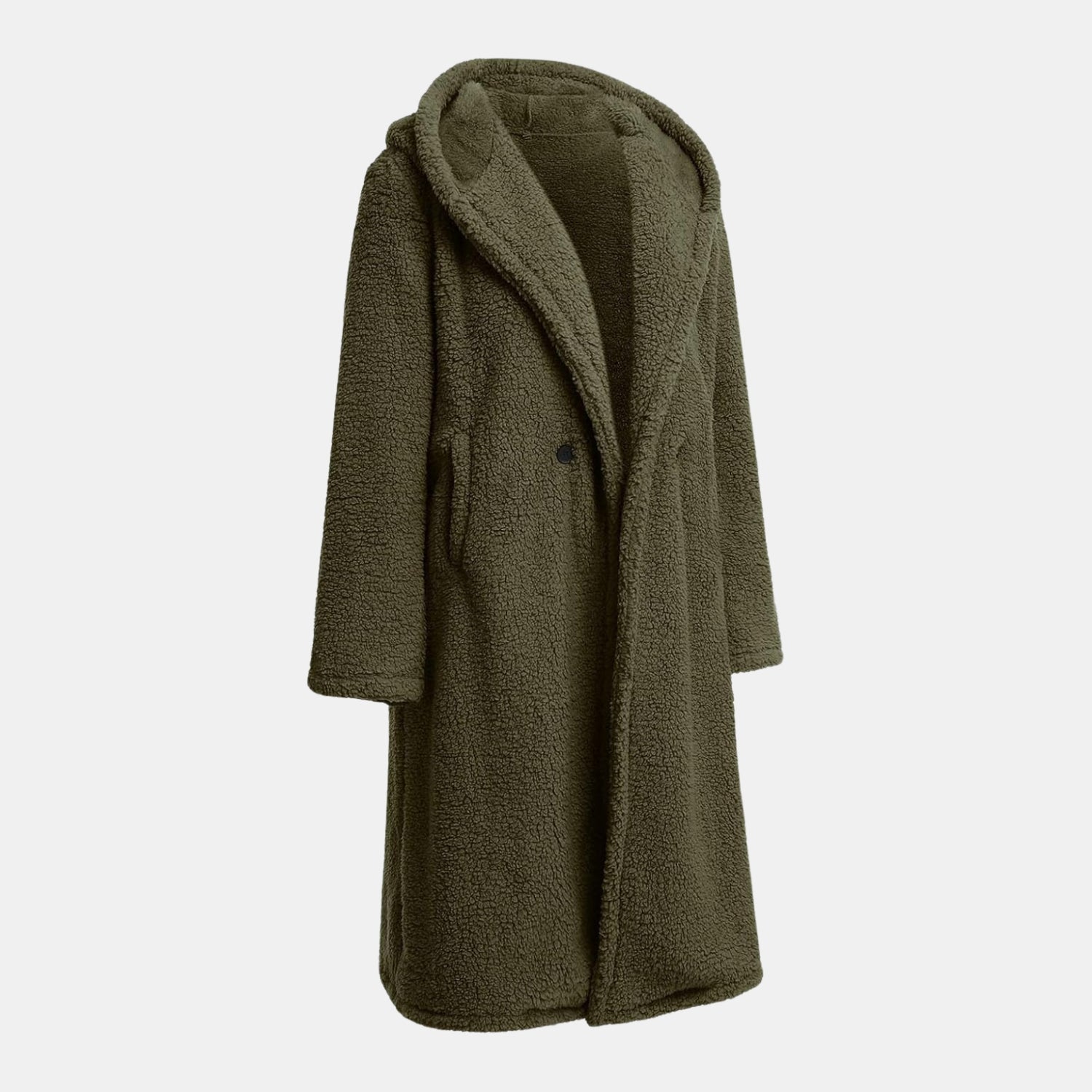 Kuscheliger Teddy-Mantel in Langform mit Kapuze für Damen in Olivgrün – Seitenansicht des warmen Teddyfellmantels
