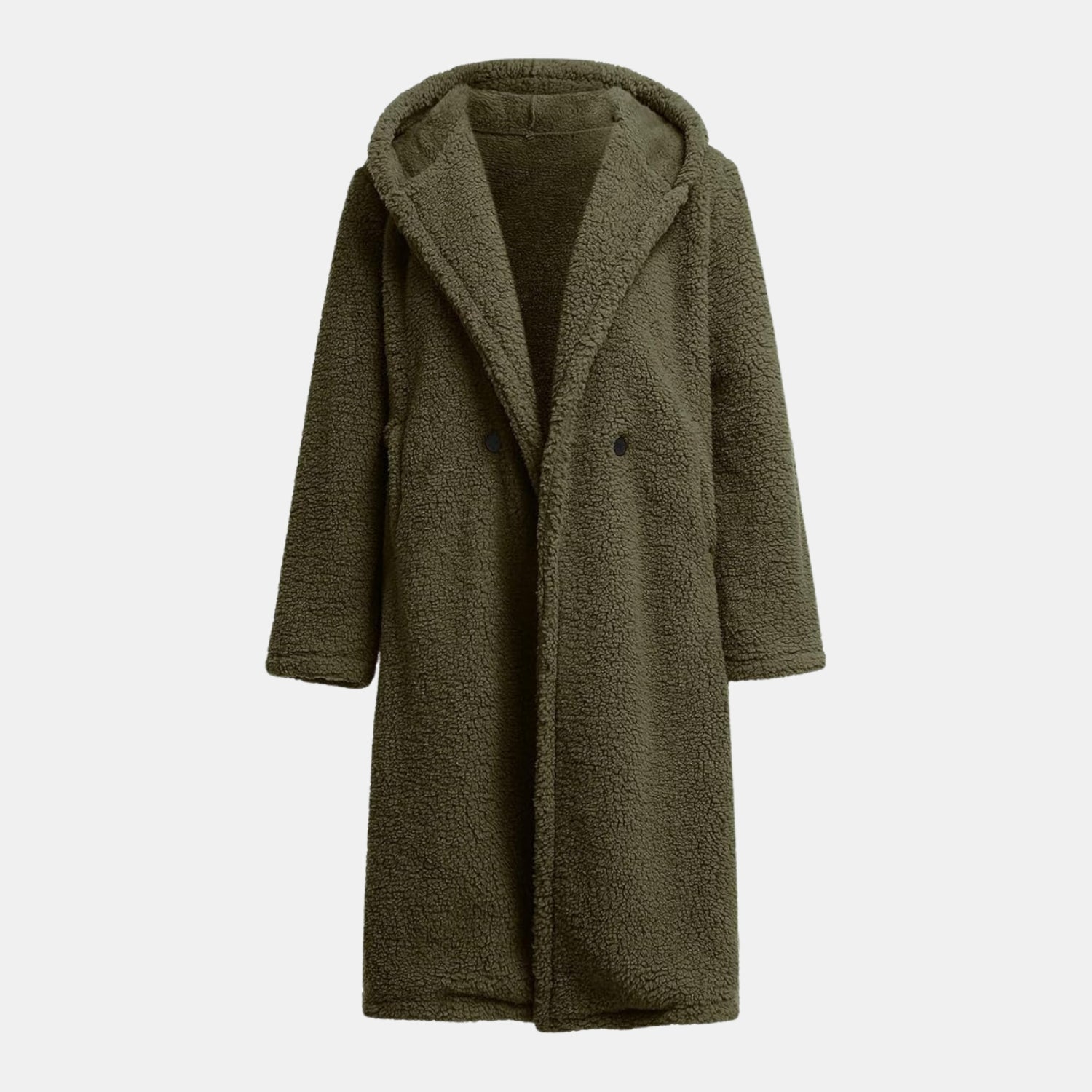 Kuscheliger Teddy-Mantel in Langform mit Kapuze für Damen in Olivgrün – warmer Teddyfell-Wintermantel