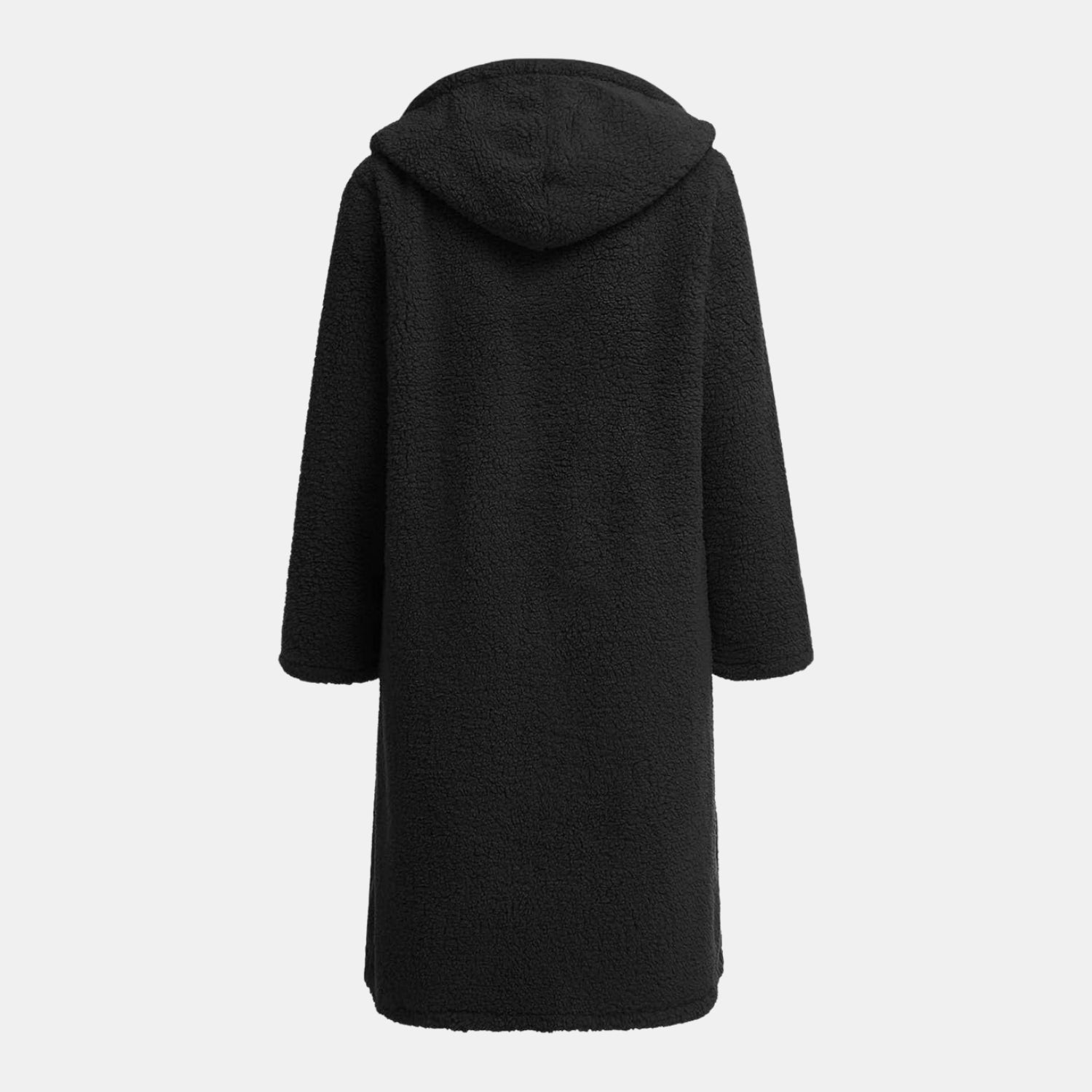 Rückseite des kuscheligen Teddy-Mantels in Langform mit Kapuze für Damen in Schwarz