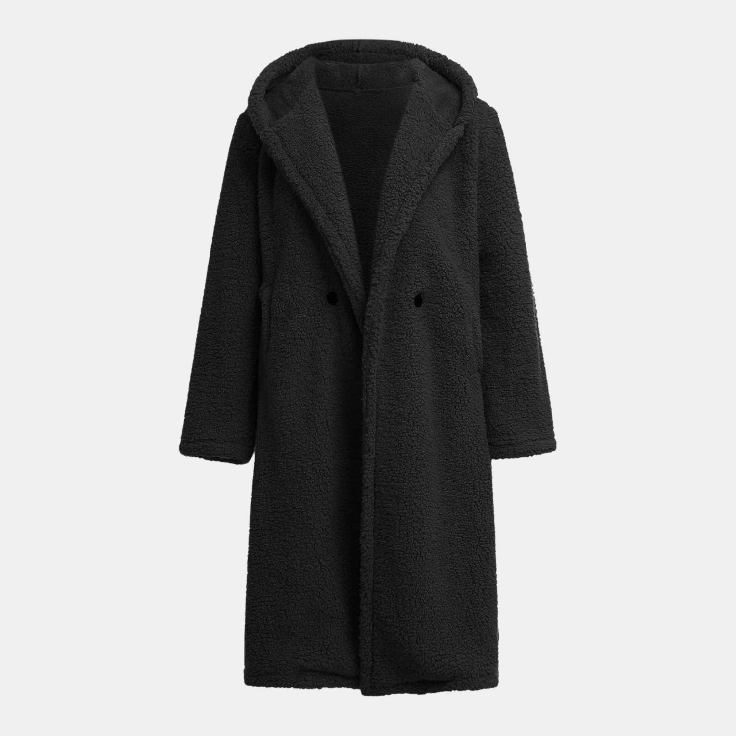 Kuscheliger Teddy-Mantel in Langform mit Kapuze für Damen in Schwarz – warmer Teddyfellmantel für den Winter
