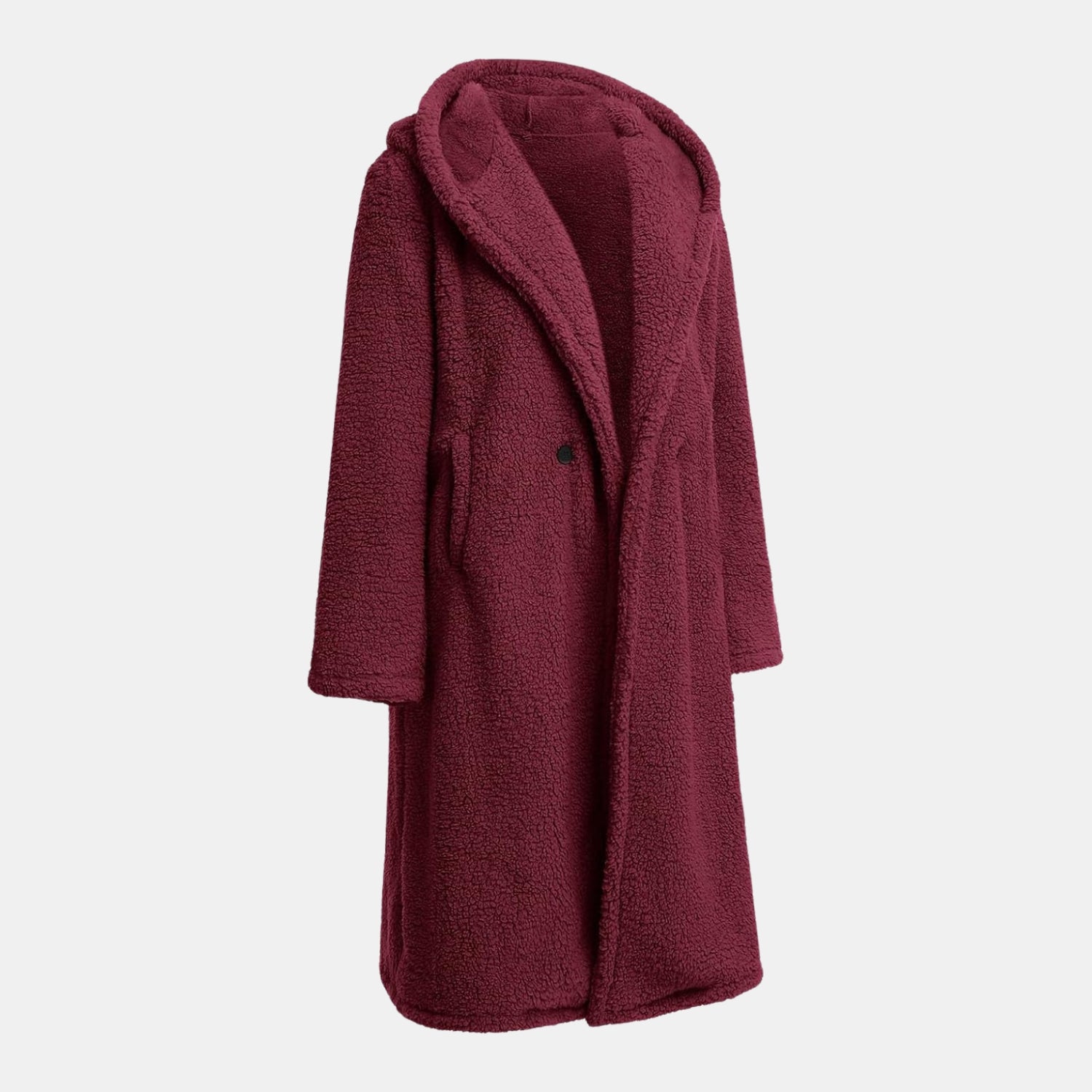 Kuscheliger Teddy-Mantel in Langform mit Kapuze für Damen in Weinrot – Seitenansicht des warmen Teddyfellmantels