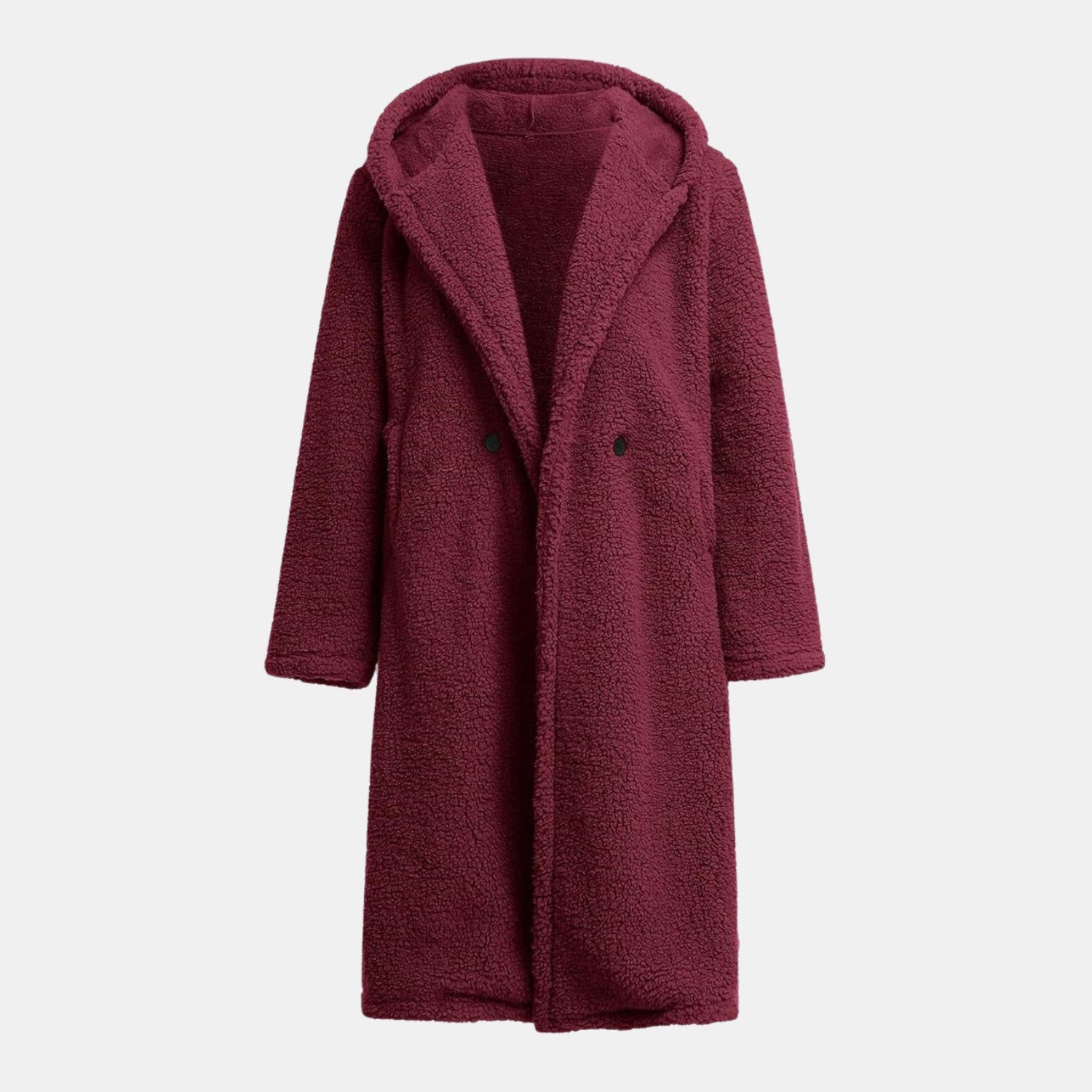 Kuscheliger Teddy-Mantel in Langform mit Kapuze für Damen in Weinrot – warmer Teddyfellmantel für den Winter
