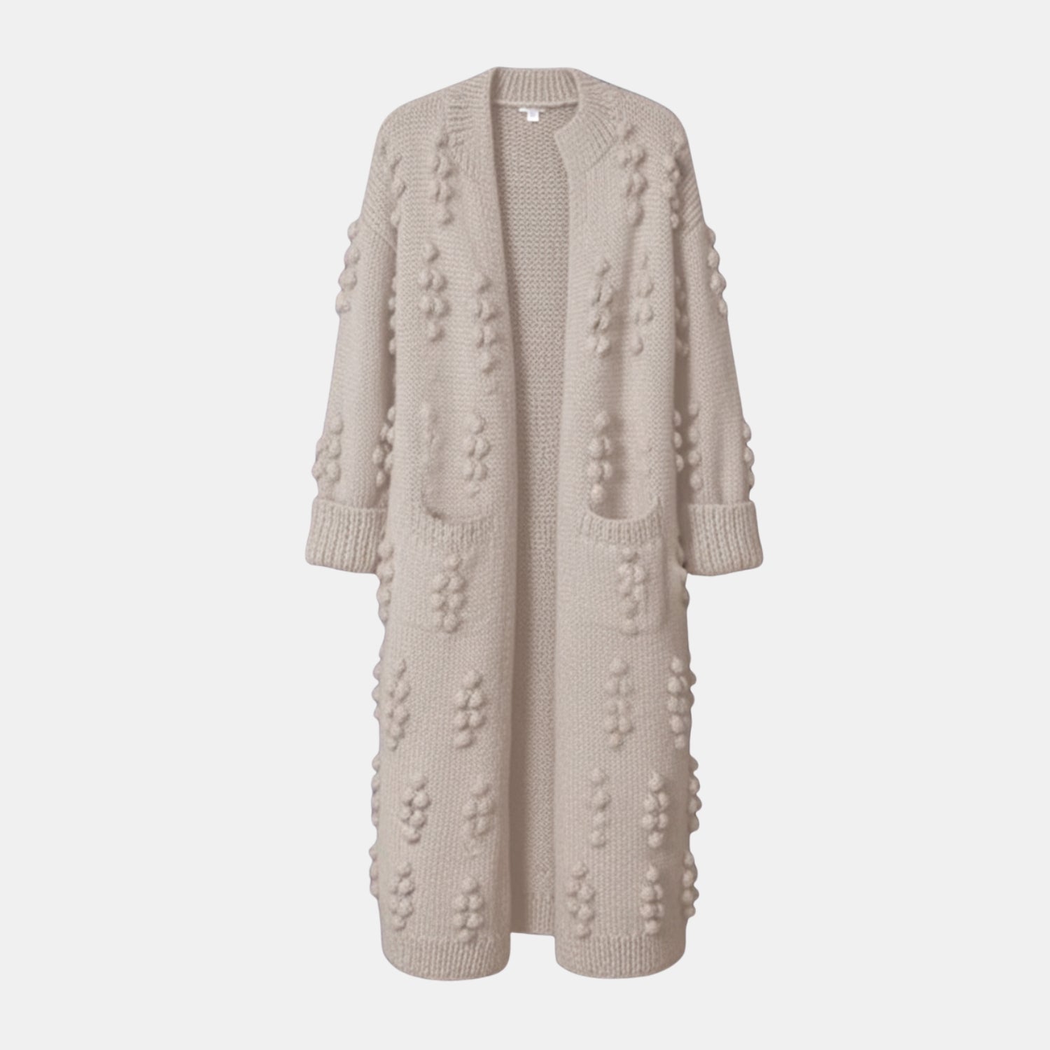 Lange Strickjacke für Damen mit Bommeln in Beige – warme Winter-Strickjacke Vorderansicht
