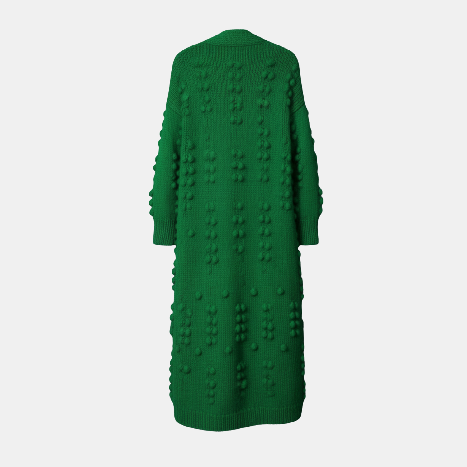 Rückseite der langen Damen-Strickjacke mit Bommeln in Grün – warme Winter-Strickjacke
