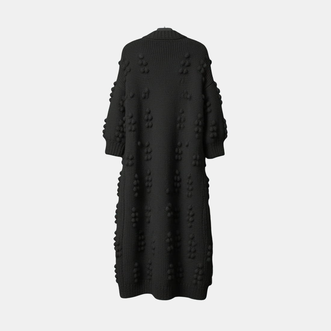 Rückseite der langen Strickjacke für Damen mit Bommeln in Schwarz – warme Winter-Strickjacke