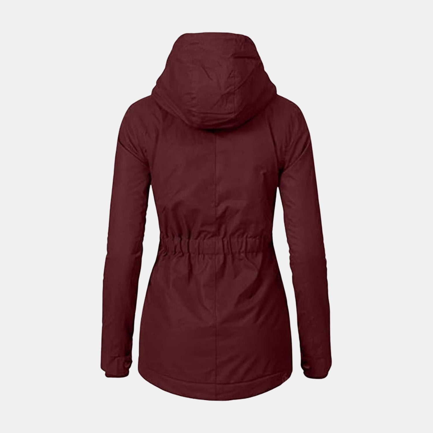 Rückansicht einer bordeauxfarbenen Damen-Winterjacke mit Kapuze und warmem Futter