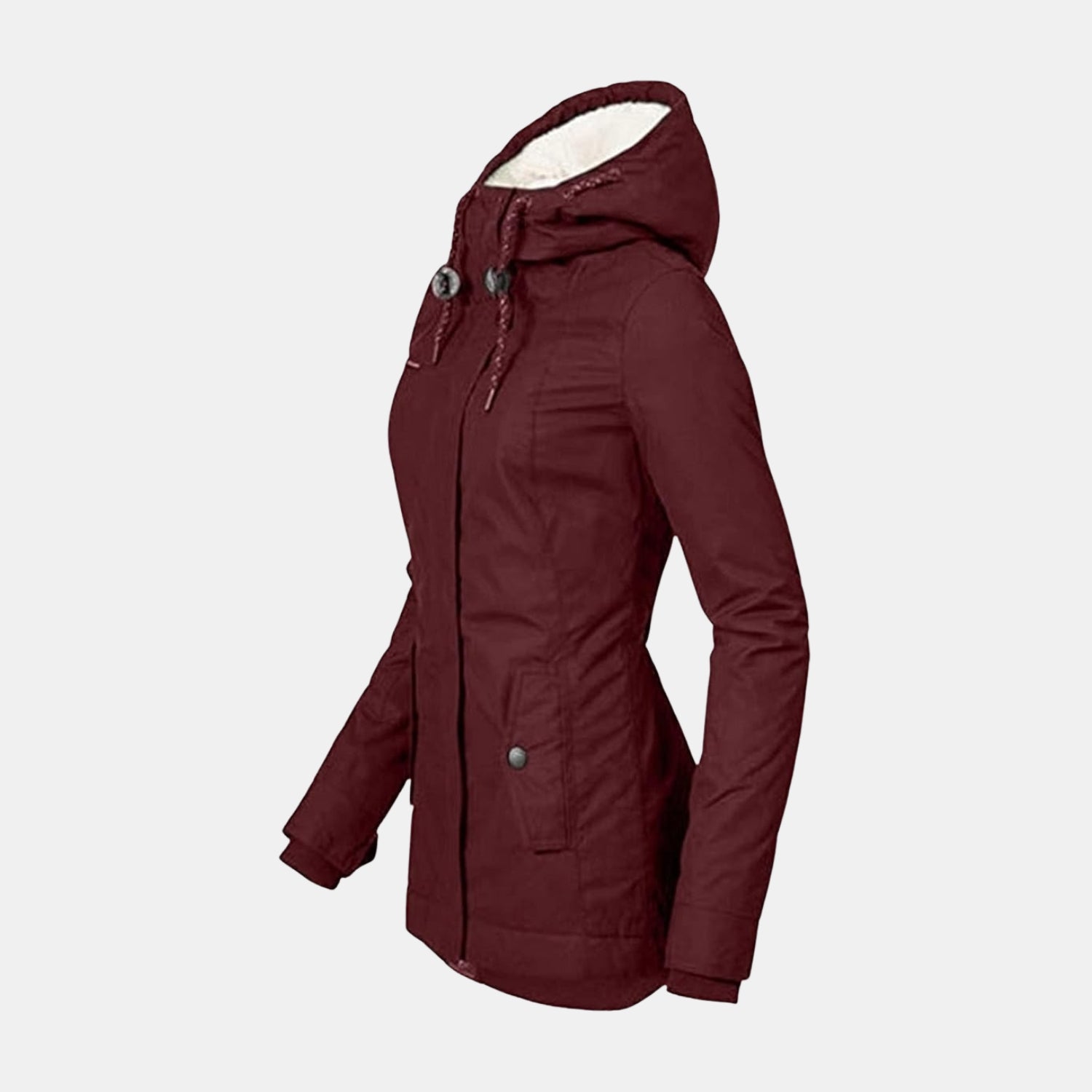 Seitenansicht einer bordeauxfarbenen Damen-Winterjacke mit Kapuze und warmem Futter