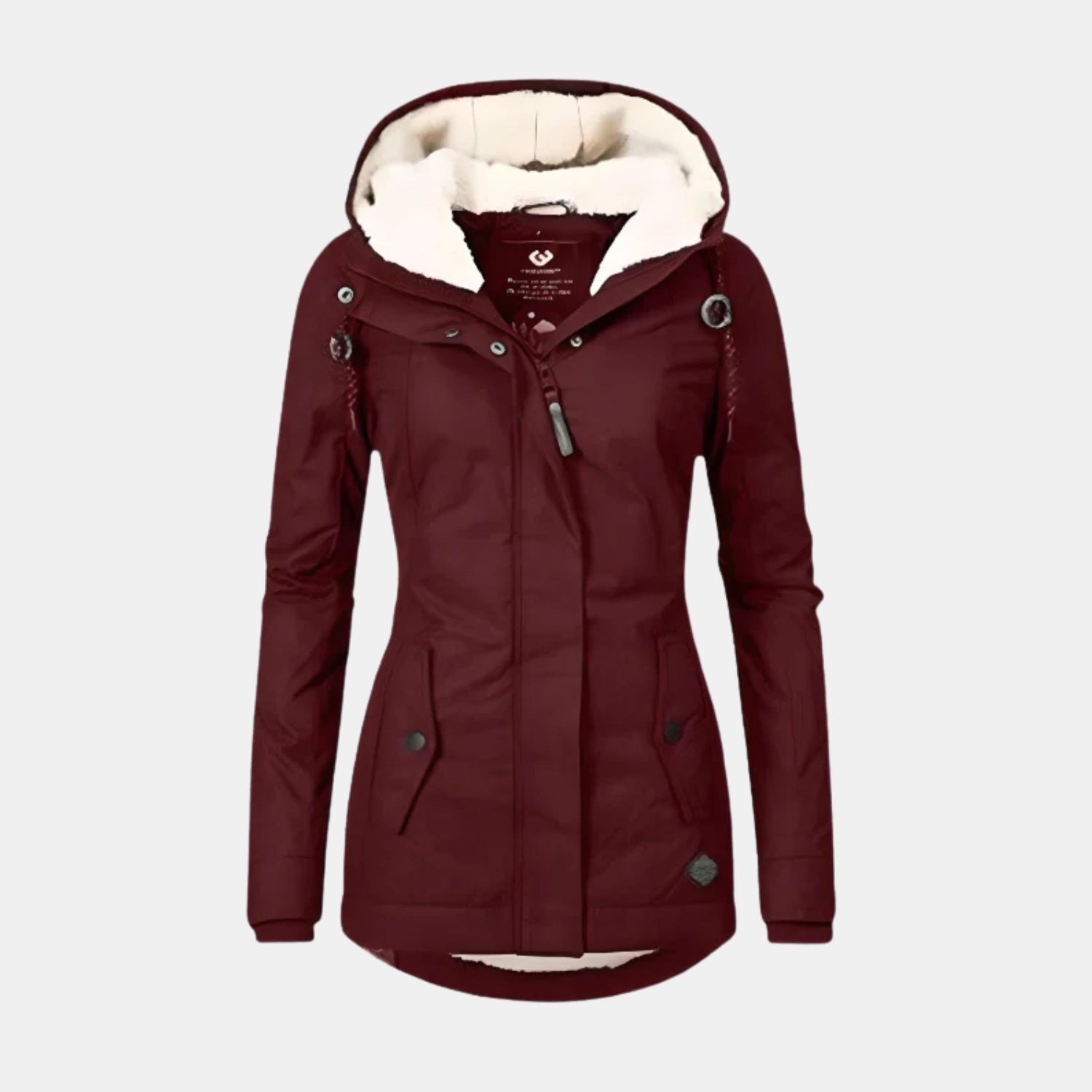 Lange bordeauxfarbene Winterjacke für Damen mit Kapuze und warmem Futter