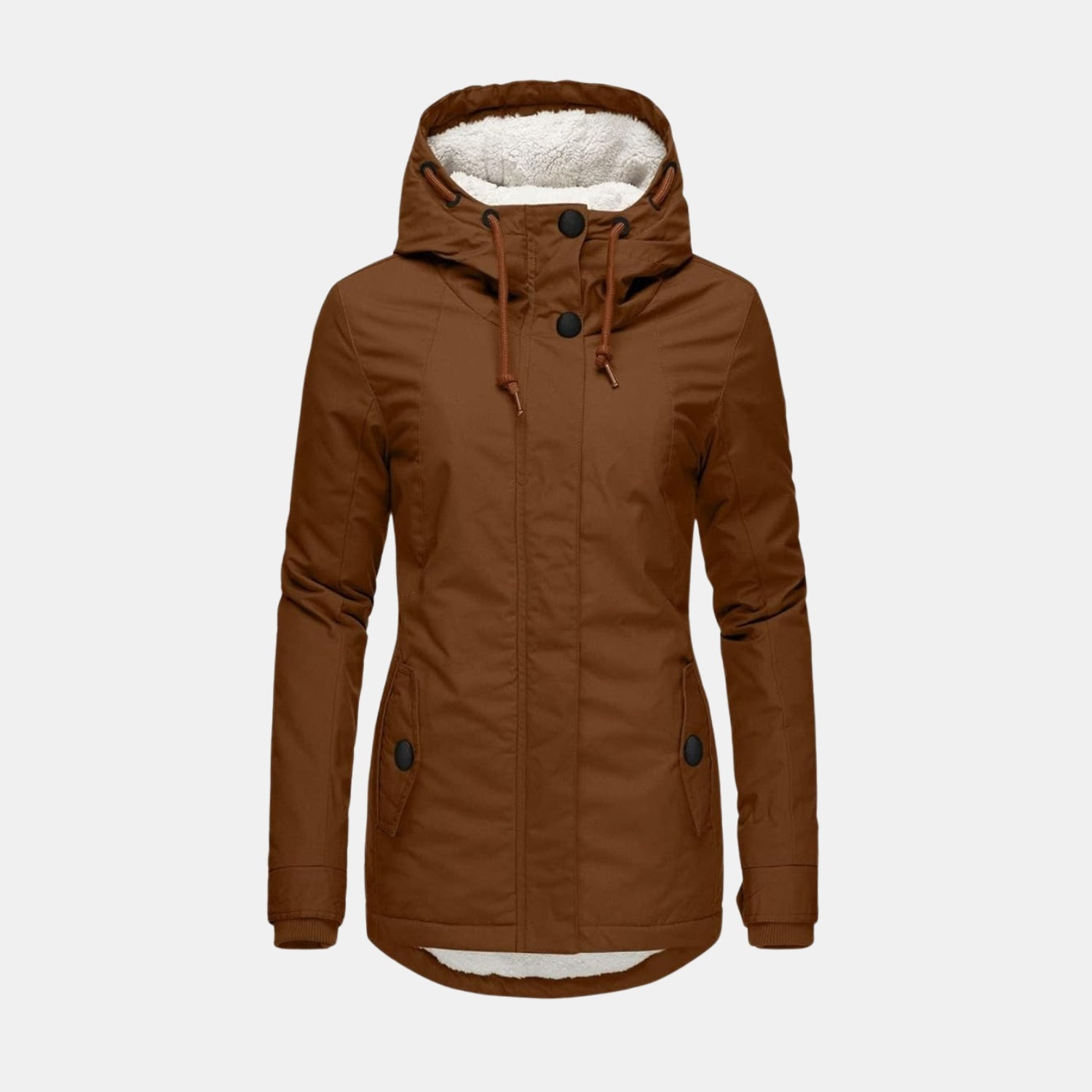 Frontansicht der langen Winterjacke mit Kapuze und Futter in Braun für Damen
