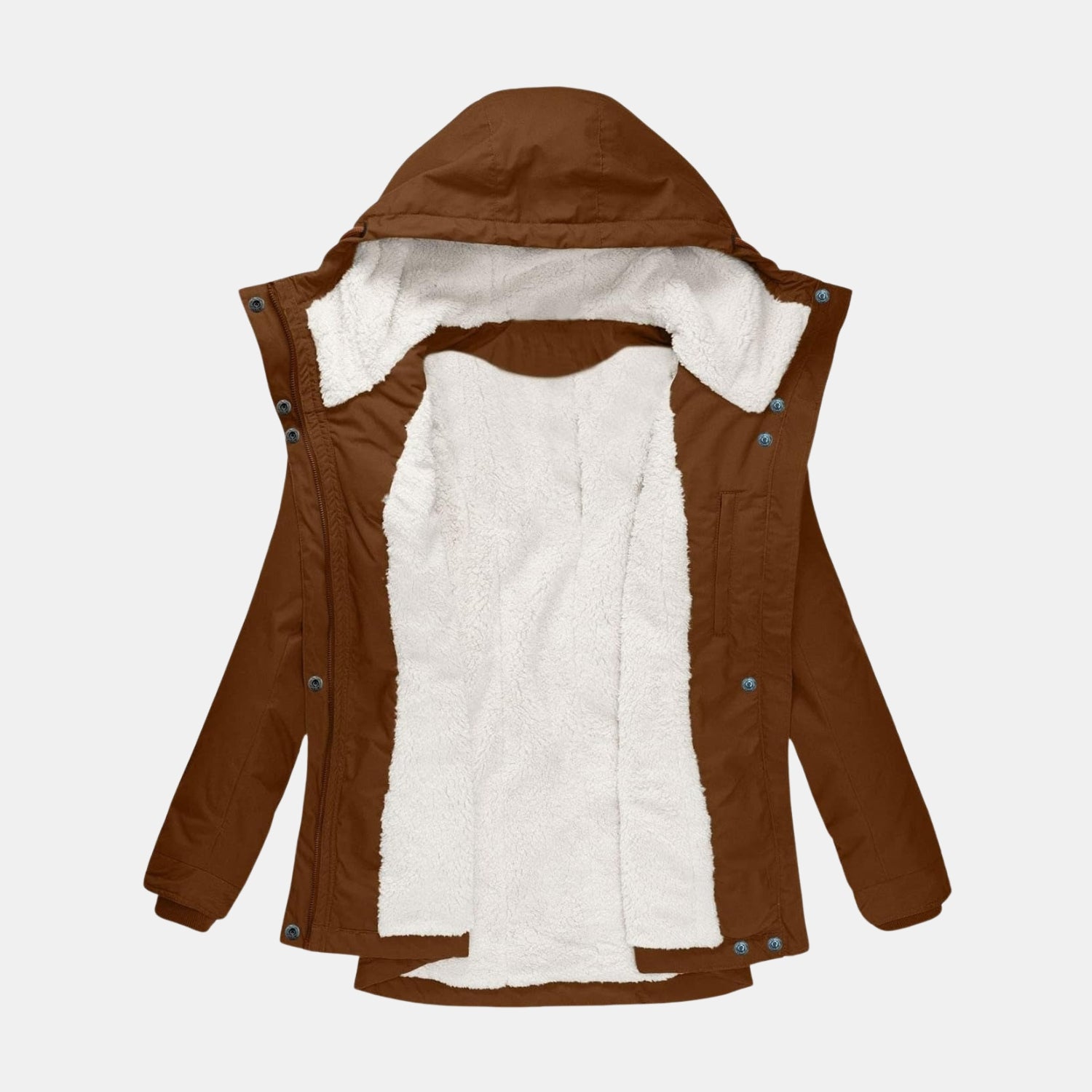 Innenfutter der langen Winterjacke mit Kapuze und Futter in Braun für Damen
