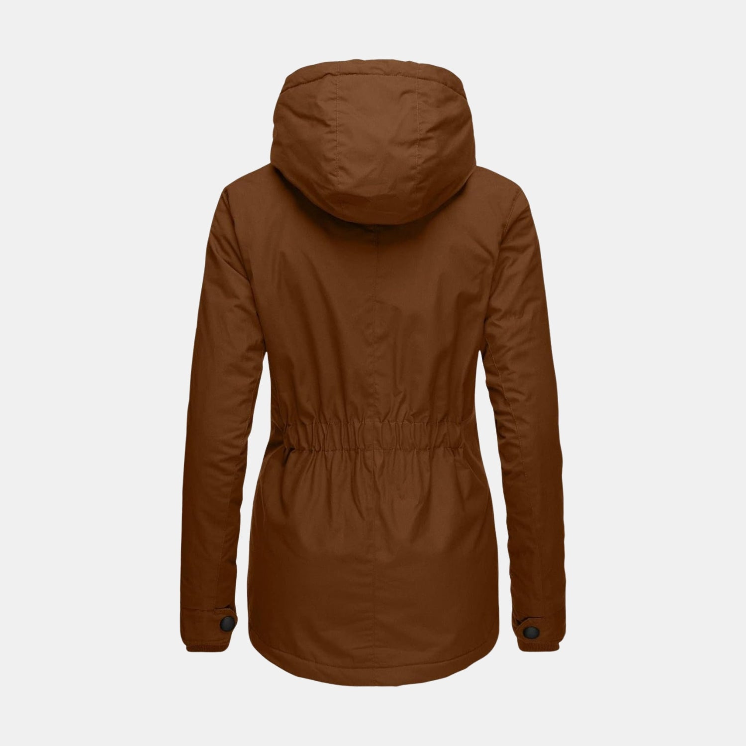 Rückansicht der langen Winterjacke mit Kapuze und Futter in Braun für Damen
