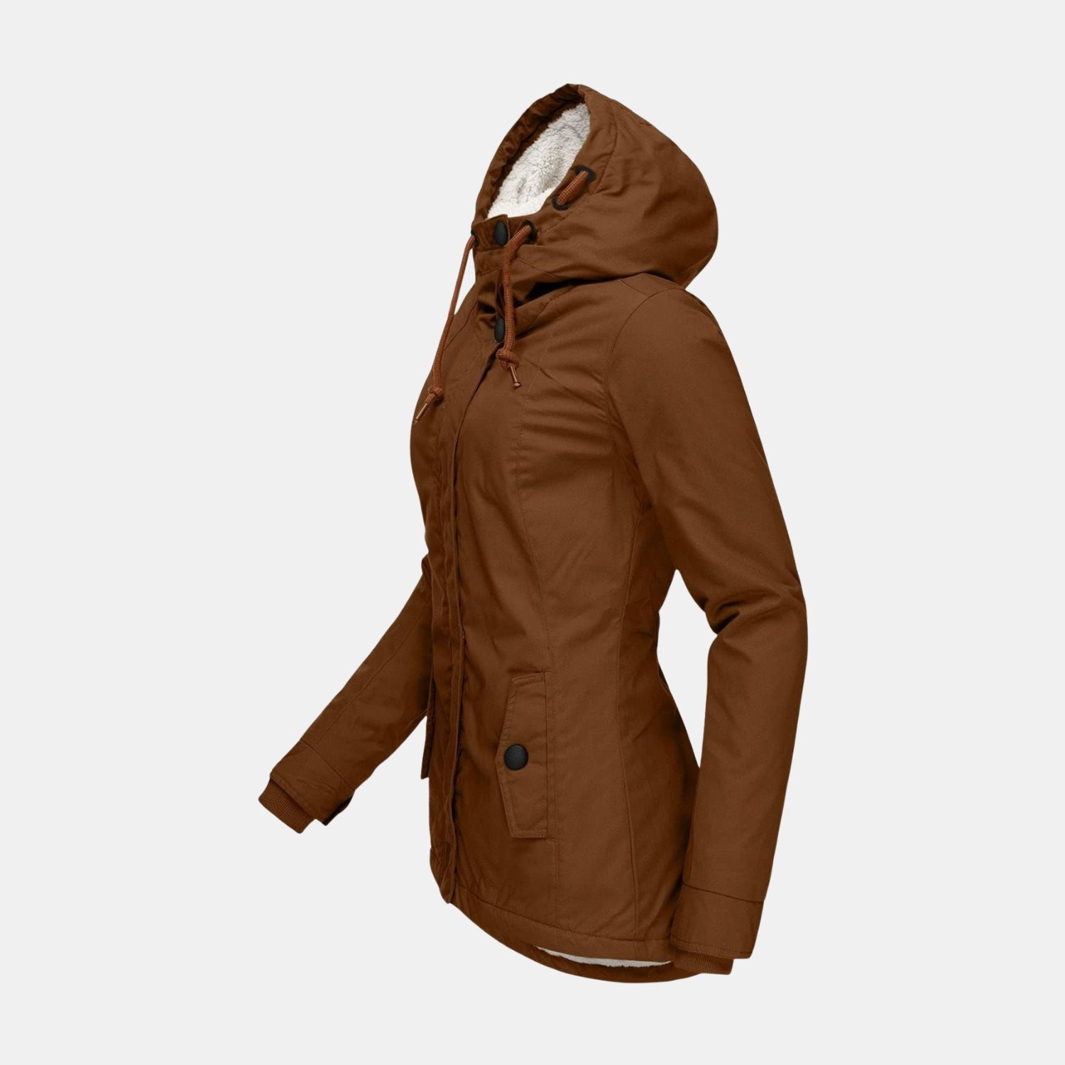 Seitenansicht der langen Winterjacke mit Kapuze und Futter in Braun für Damen
