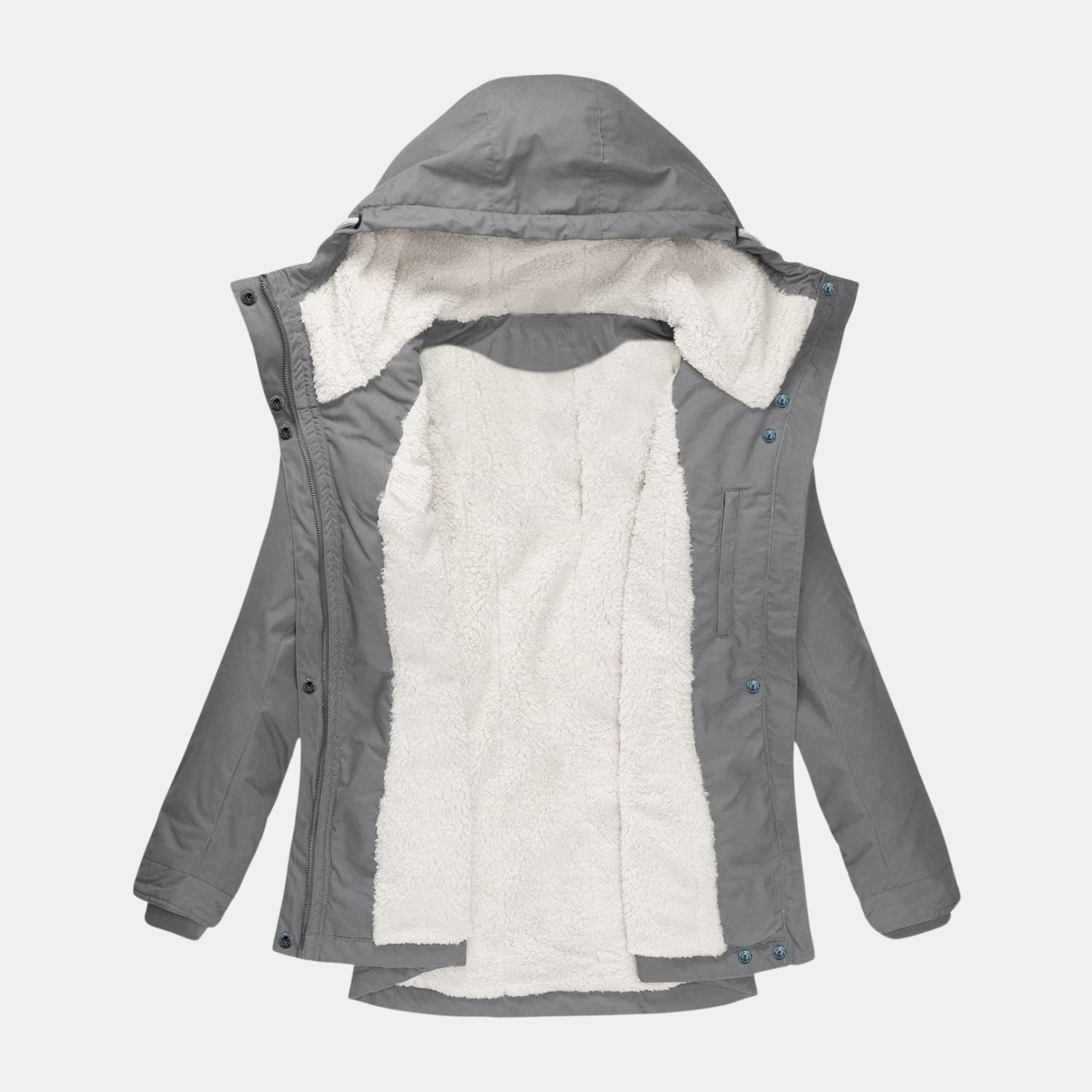 Innenfutter der langen Winterjacke mit Kapuze und Futter in Grau für Damen