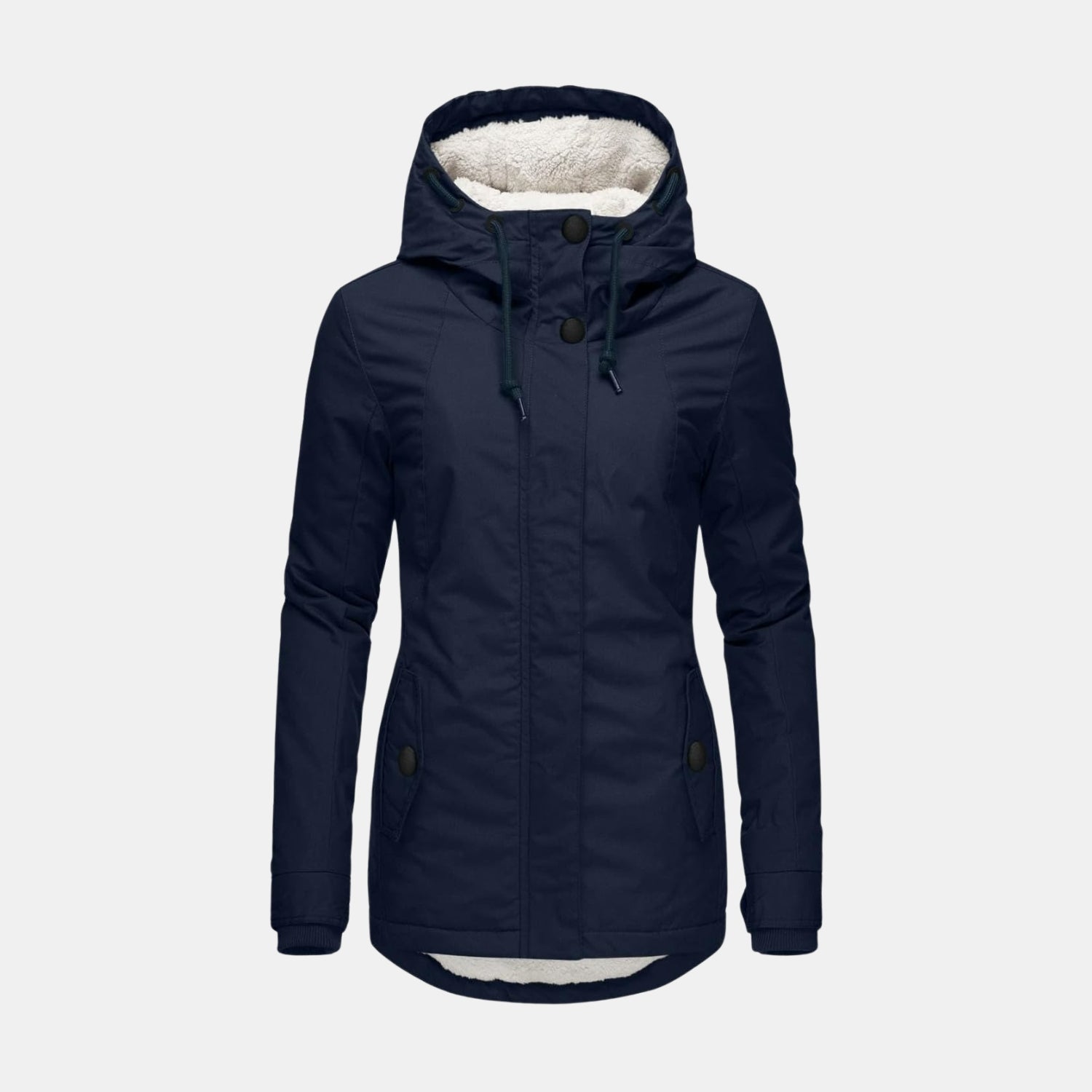 Frontansicht der langen Winterjacke mit Kapuze und Futter in Marineblau für Damen