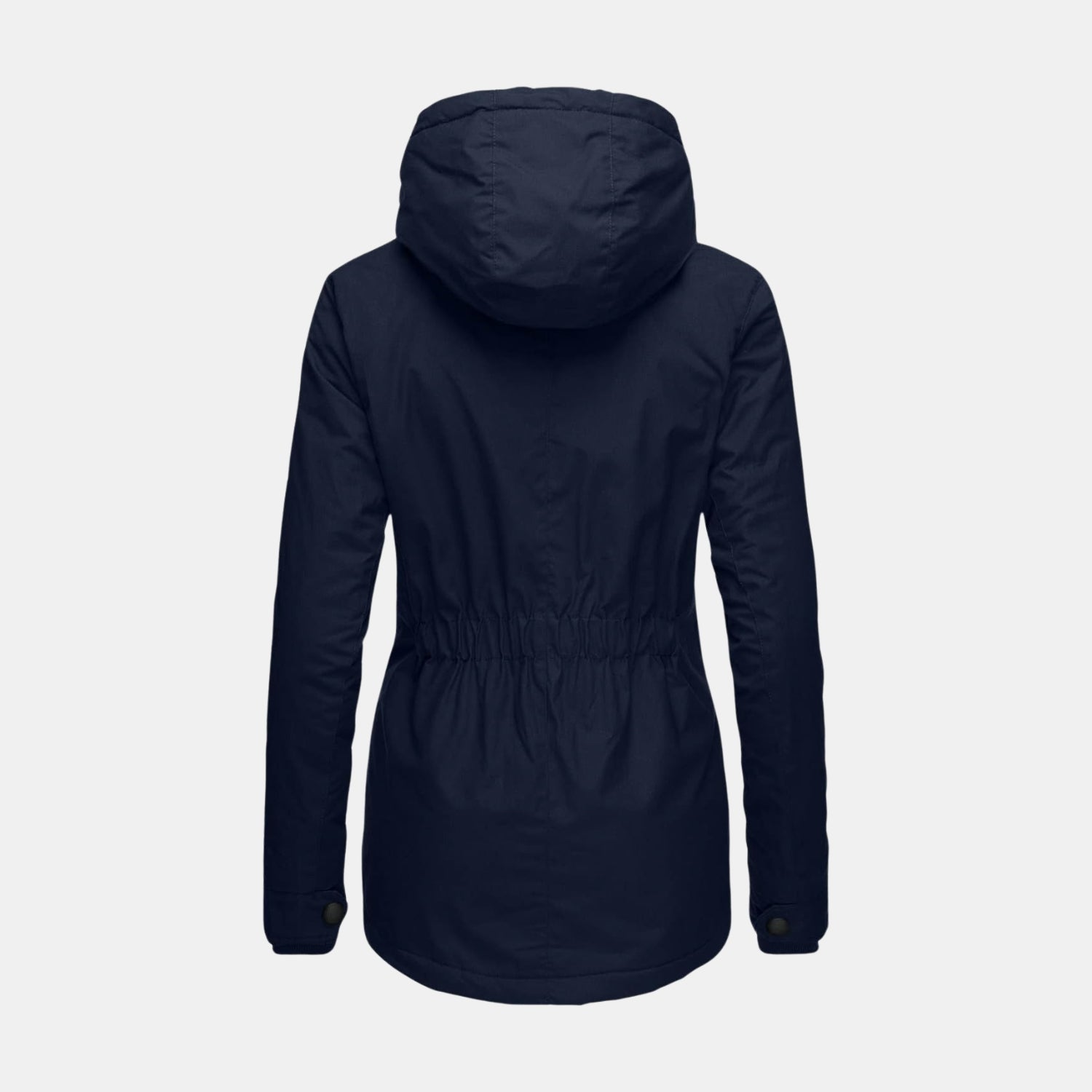 Rückansicht der langen Winterjacke mit Kapuze und Futter in Marineblau für Damen