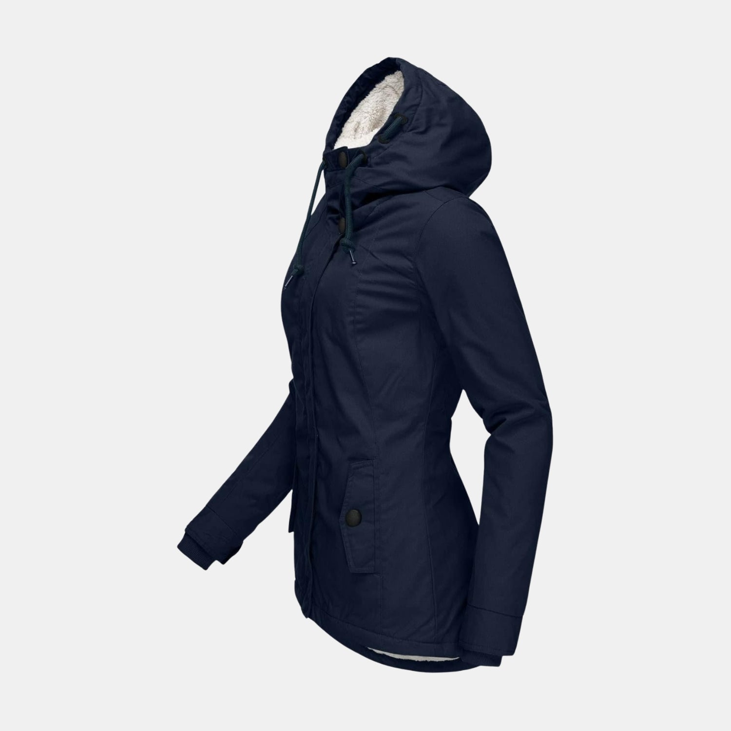 Seitenansicht der langen Winterjacke mit Kapuze und Futter in Marineblau für Damen
