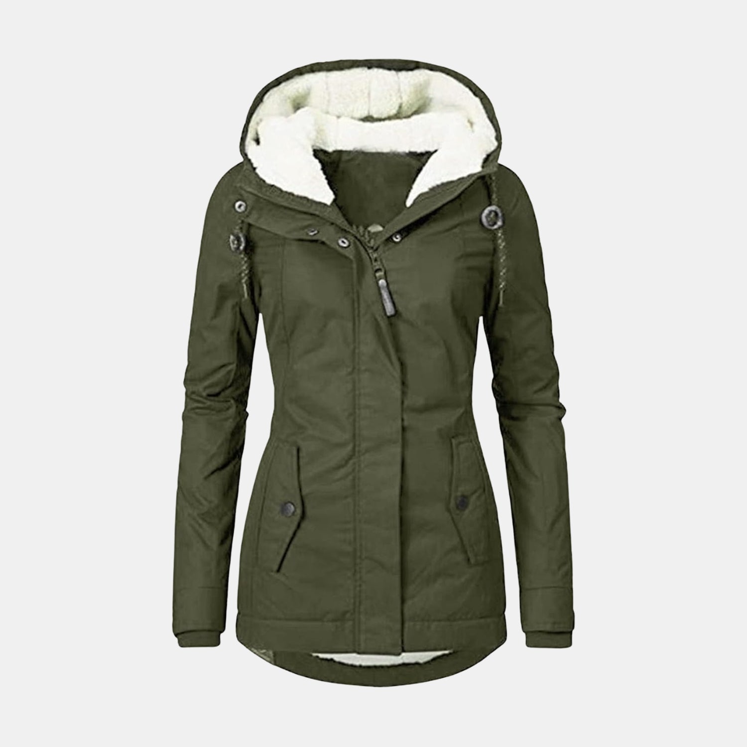 Frontansicht der langen Winterjacke mit Kapuze und Futter in Olivgrün für Damen