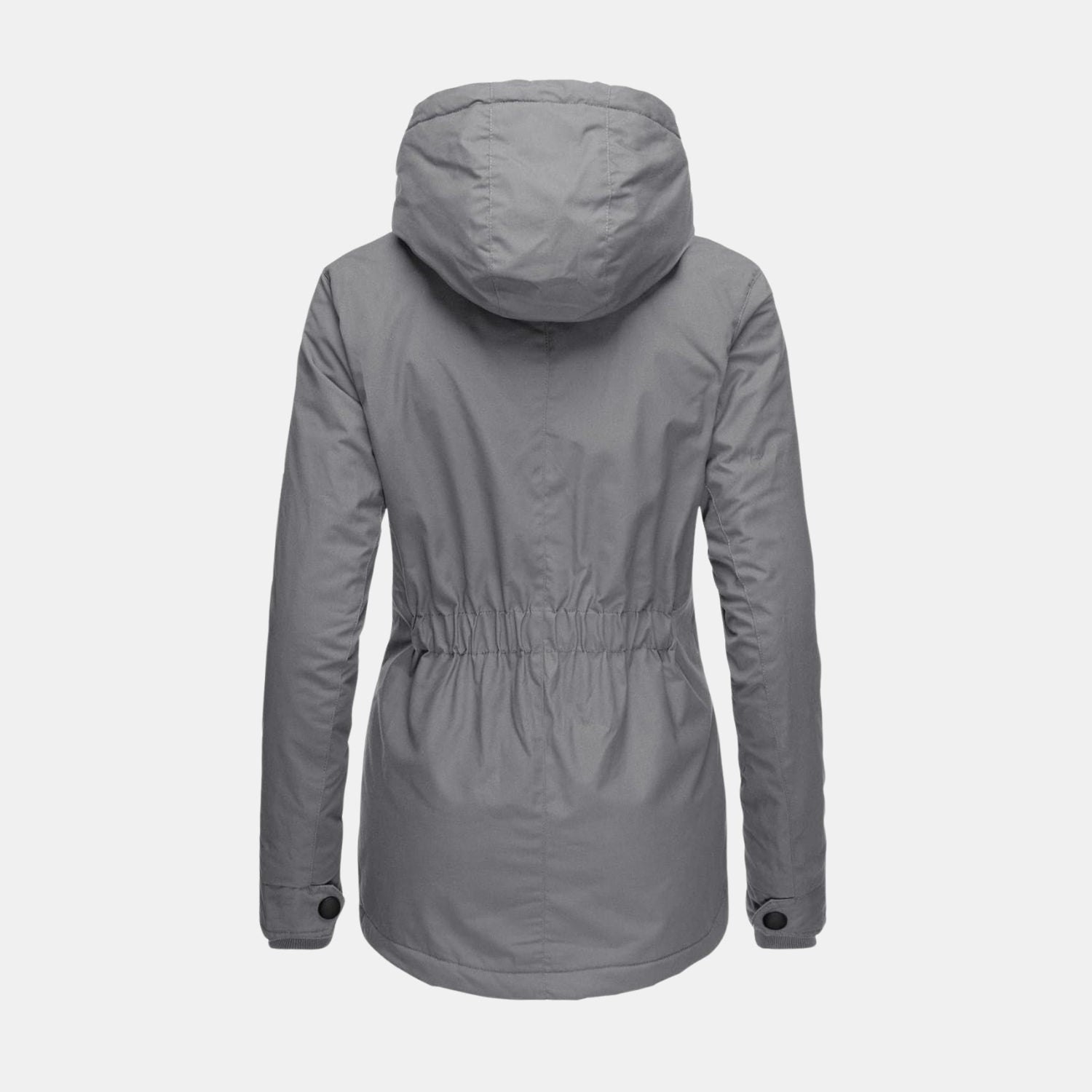 Rückansicht der langen Winterjacke mit Kapuze und Futter in Grau für Damen