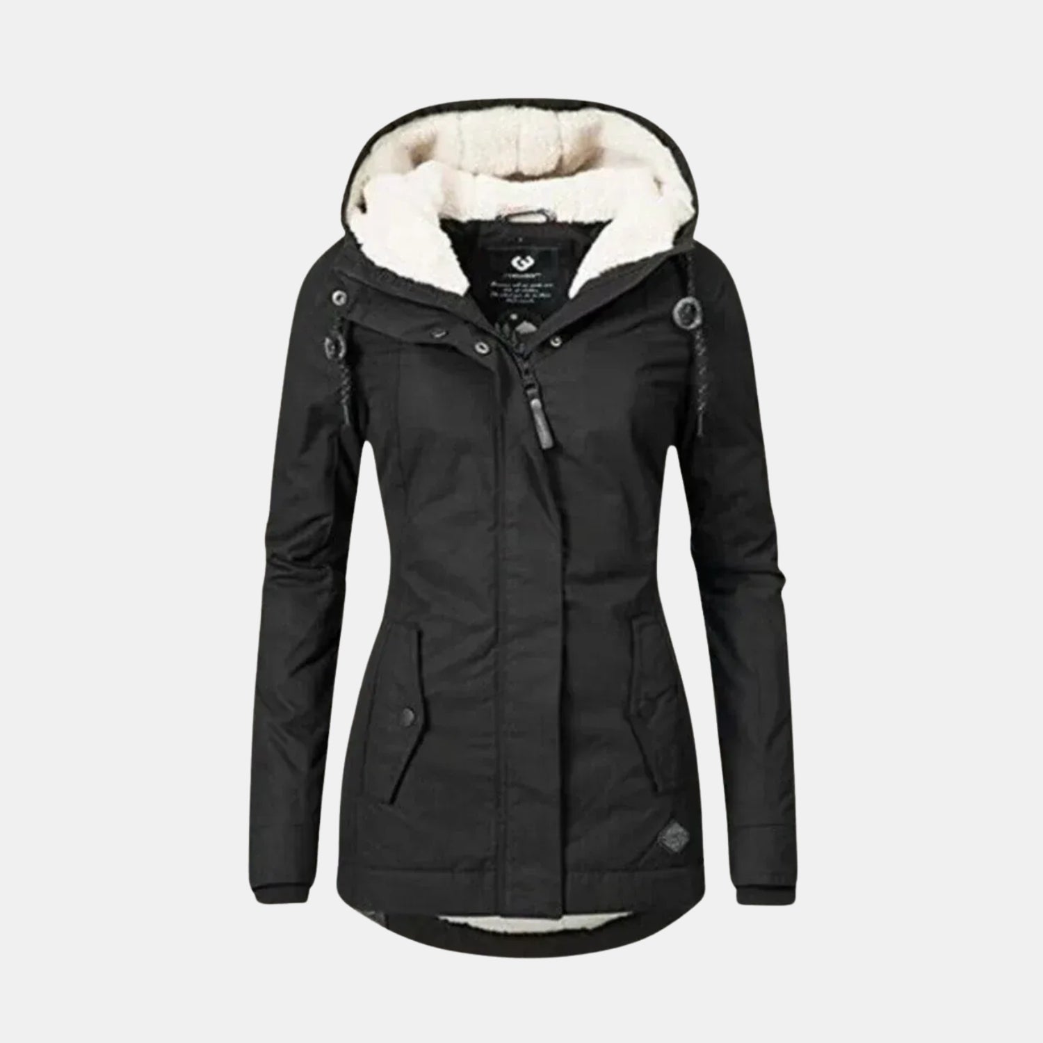 Frontansicht der langen Winterjacke mit Kapuze und Futter in Schwarz für Damen