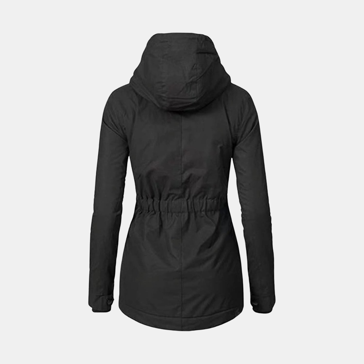 Seitenansicht der langen Winterjacke mit Kapuze und Futter in Schwarz für Damen