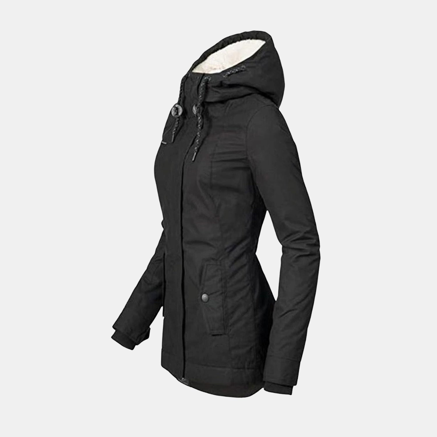 Rückansicht der langen Winterjacke mit Kapuze und Futter in Schwarz für Damen