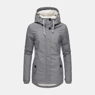 Lange Winterjacke mit Kapuze und warmem Futter in Grau für Damen