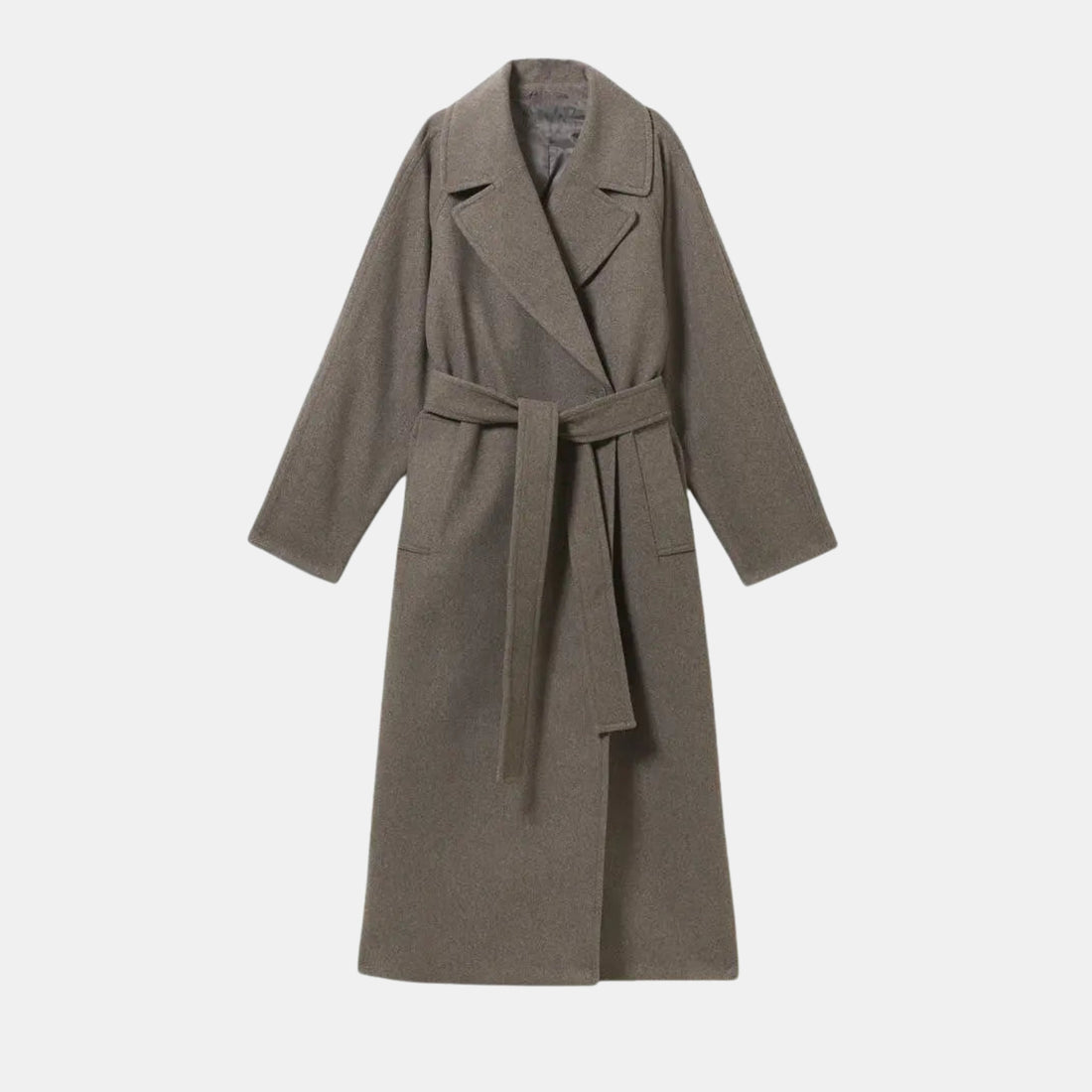 Langer Wollmantel im Oversize-Stil für Damen in Taupe mit Bindegürtel und Reverskragen – Frontansicht
