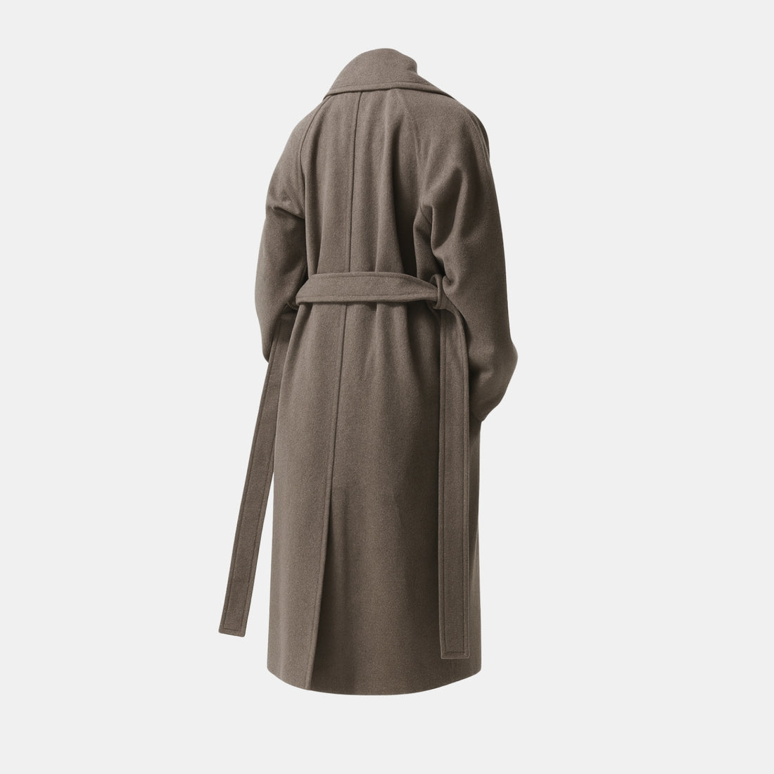 Langer Wollmantel im Oversize-Stil für Damen in Taupe mit Bindegürtel und Reverskragen – Frontansicht