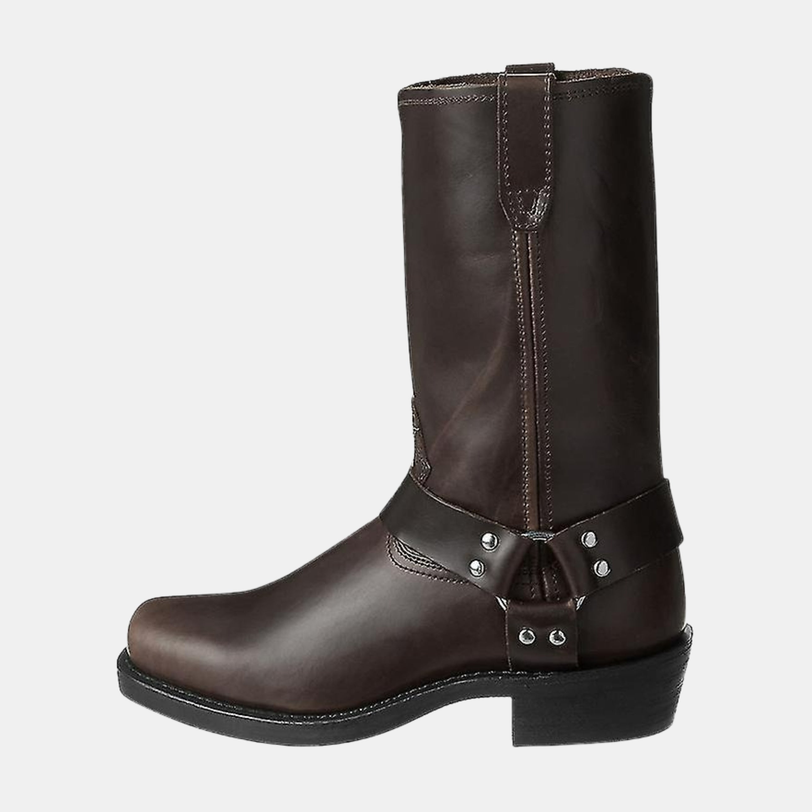 Seitenprofil langlebiger Cowboystiefel im Vintage-Look aus dunkelbraunem Leder vor weißem Hintergrund