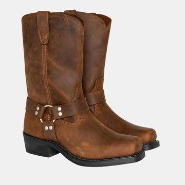 Vorne-seitliche Ansicht langlebiger Cowboystiefel im Vintage-Look aus braunem Leder