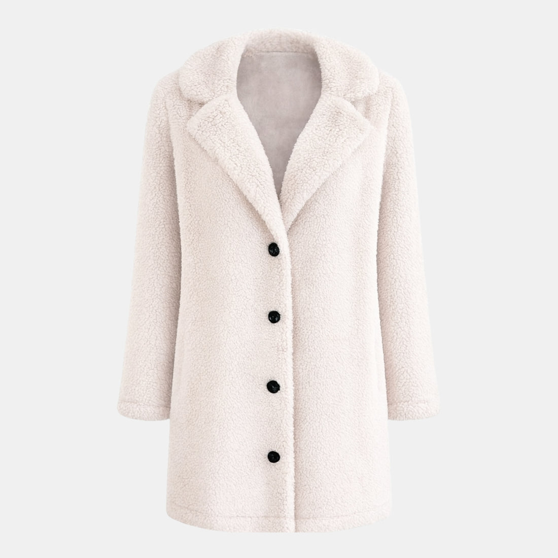 Premium Kuschel-Teddymantel für Damen in Cremeweiß – weicher, warmer Teddy-Mantel mit Reverskragen und Knopfleiste, Frontansicht