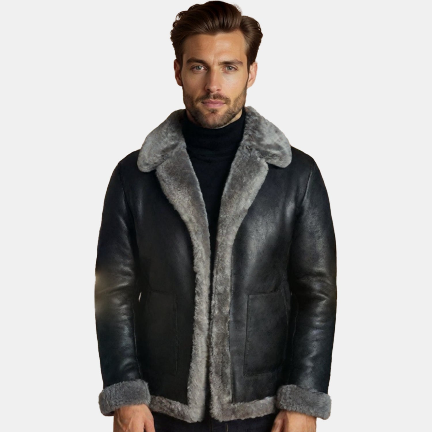 Vorderansicht der Premium Shearling-Lederjacke für Damen in Schwarz, präsentiert von einem Model – warme Jacke mit weichem Fellkragen und edlem Design