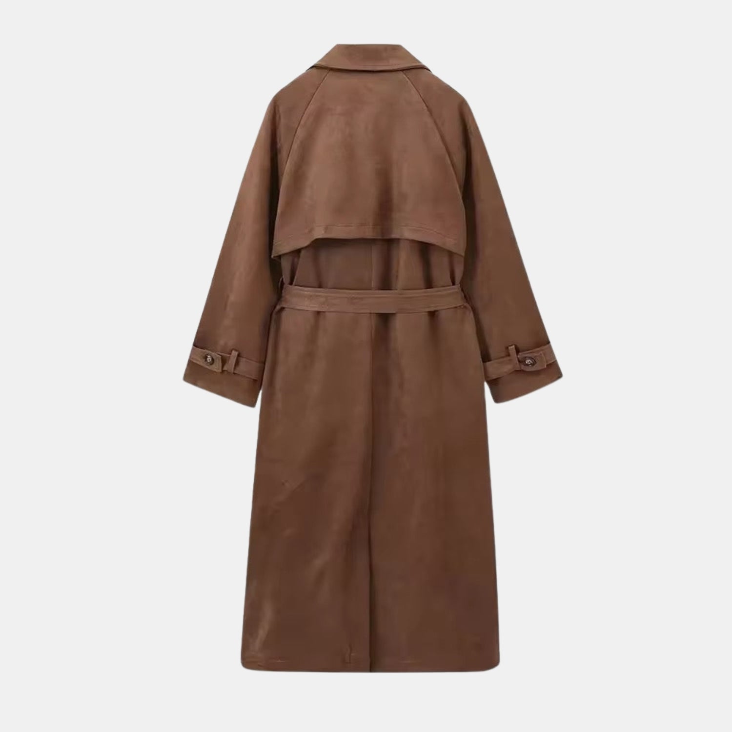Rückansicht: Brauner Premium Wildleder-Trenchcoat für Damen, langer eleganter Mantel mit Taillengürtel, Schulterpasse und zeitlosem Luxus-Look.