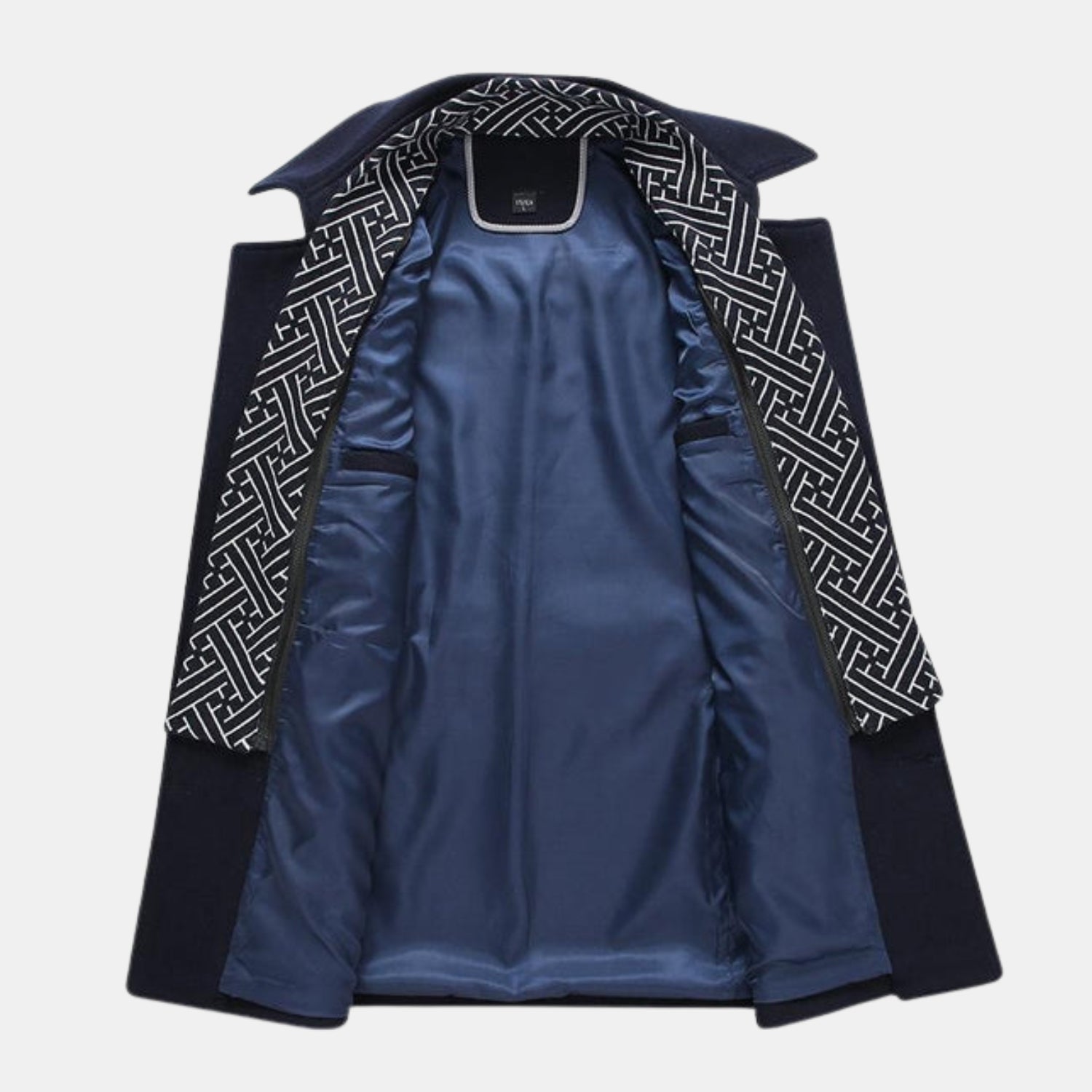 Innenansicht Premium Wollmantel für Herren in Navyblau – warmes Stepp-Innenfutter und gemustertes Futter im modernen Wintermantel-Design