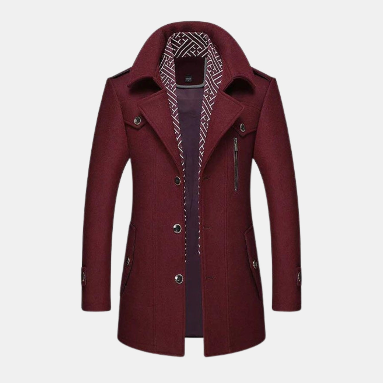 Premium Wollmantel für Herren in Bordeaux-Rot – stilvoller, warmer Wintermantel im modernen Look mit breitem Revers, Knopfleiste und gemustertem Innenfutter
