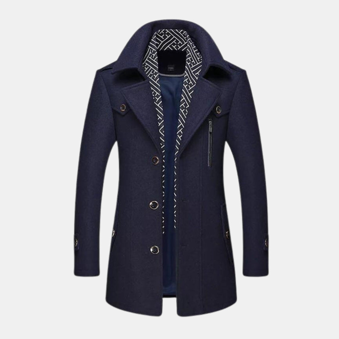 Premium Wollmantel für Herren in Navyblau – stilvoller, warmer Wintermantel im modernen Look mit breitem Revers, Knöpfen und Innenfutter