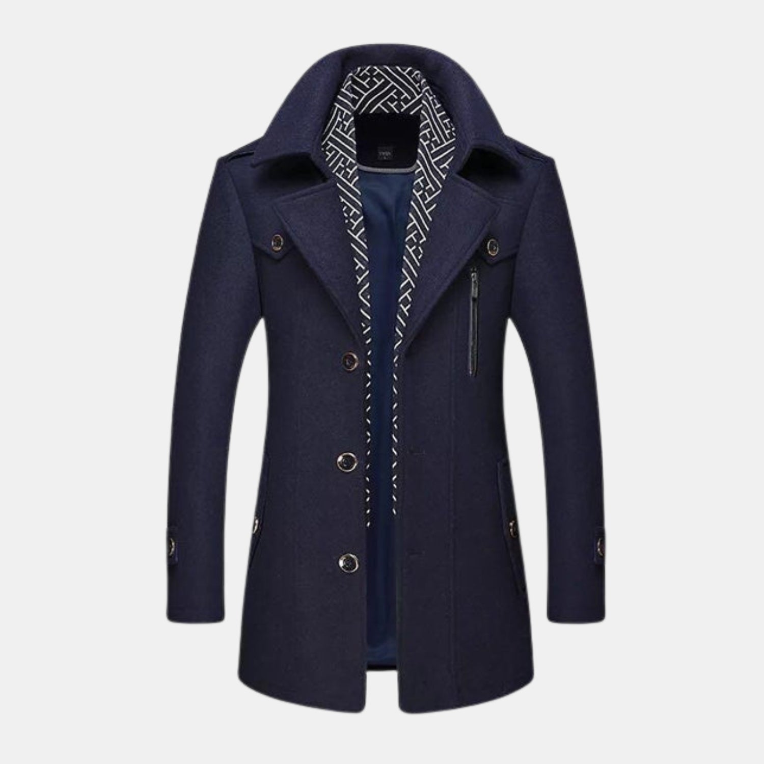 Premium Wollmantel für Herren in Navyblau – stilvoller, warmer Wintermantel im modernen Look mit breitem Revers, Knöpfen und Innenfutter