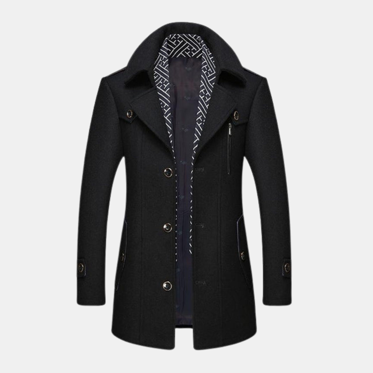 Premium Wollmantel für Herren in Schwarz – stilvoller, warmer Wintermantel im modernen Look mit Reverskragen, Knopfleiste und Brusttaschen-Reißverschluss