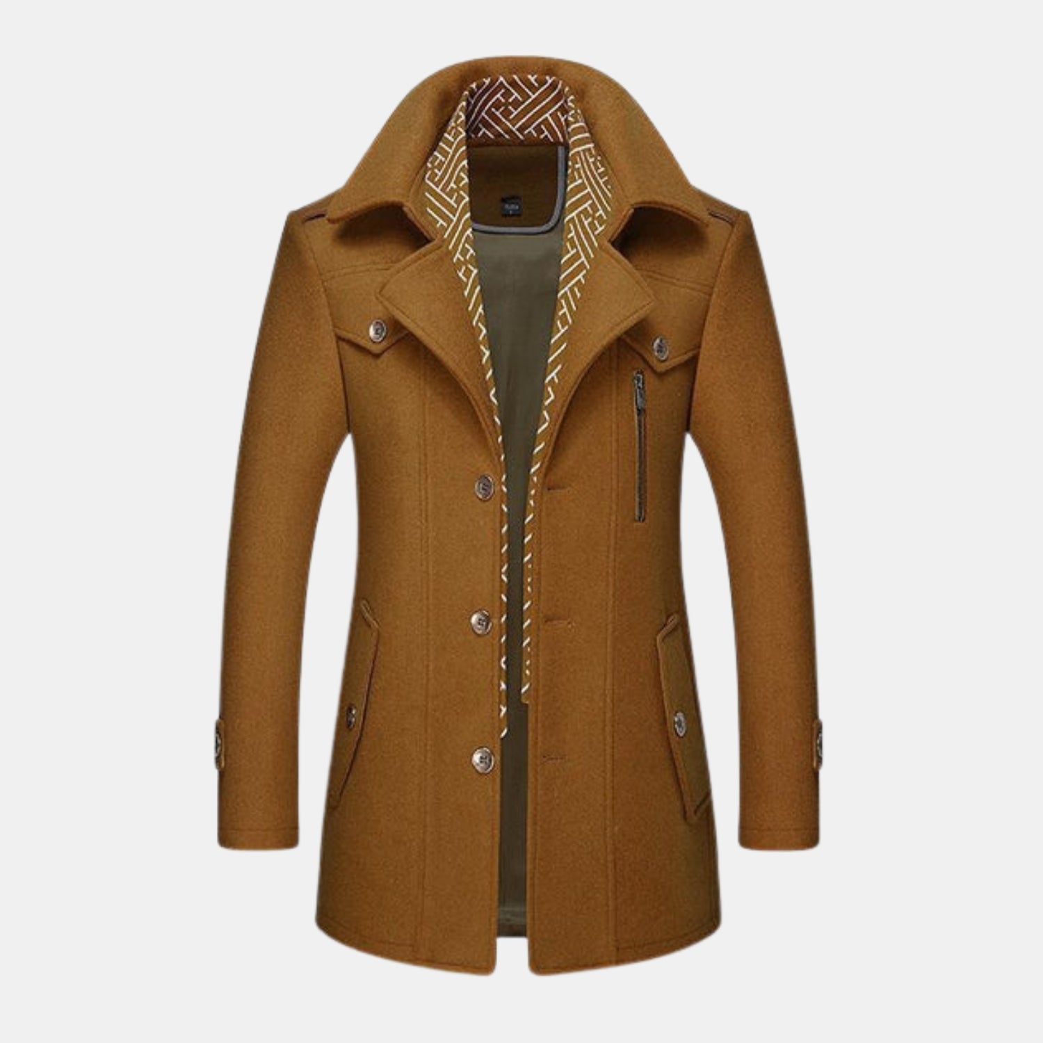 Premium Wollmantel für Herren in Schwarz – stilvoller, warmer Wintermantel im modernen Look mit breitem Revers, Knopfleiste und Ziertaschen