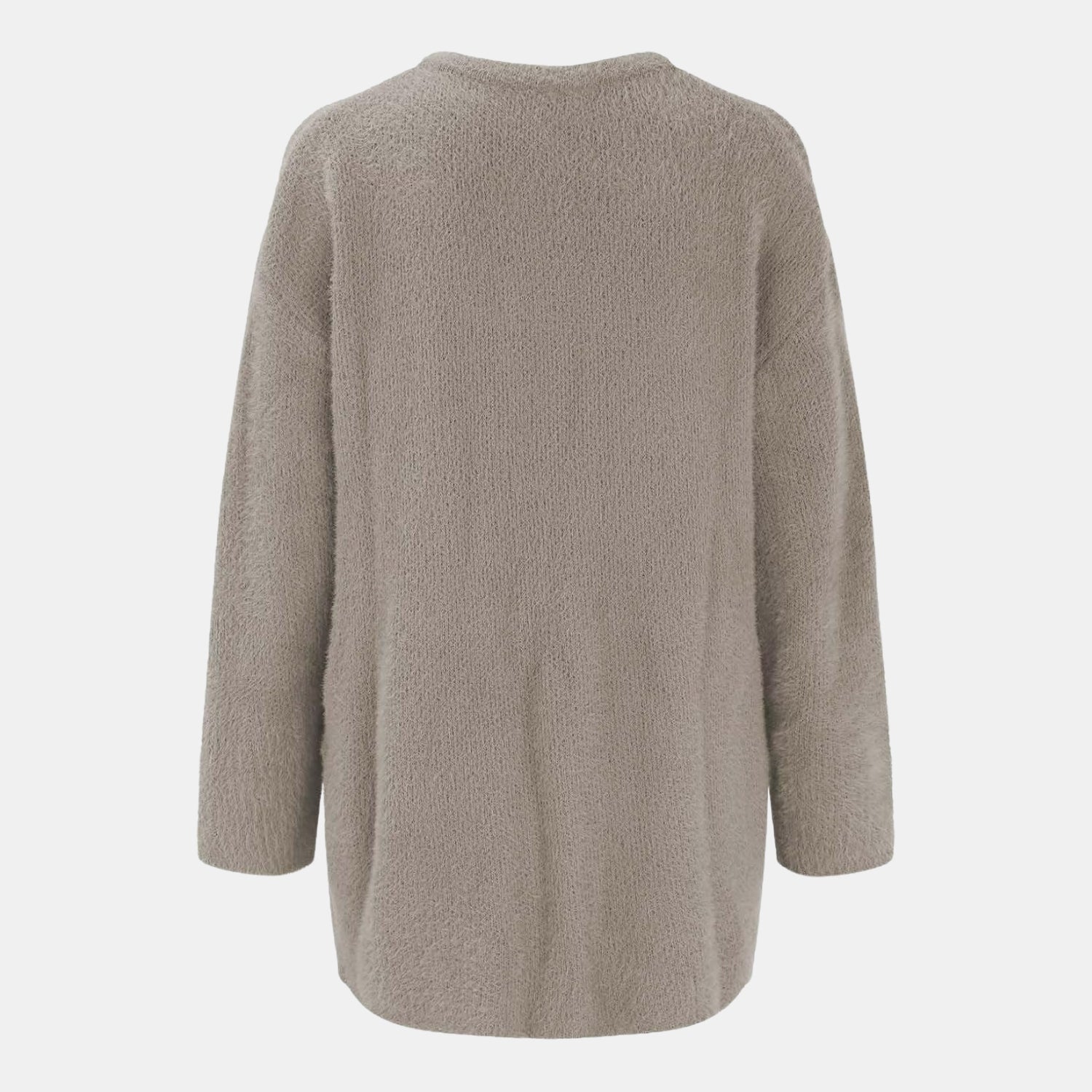 Rückansicht der Raffinierte Strickjacke mit Stil in Beige für Damen, weiche lange Strickjacke aus strukturiertem Strickstoff