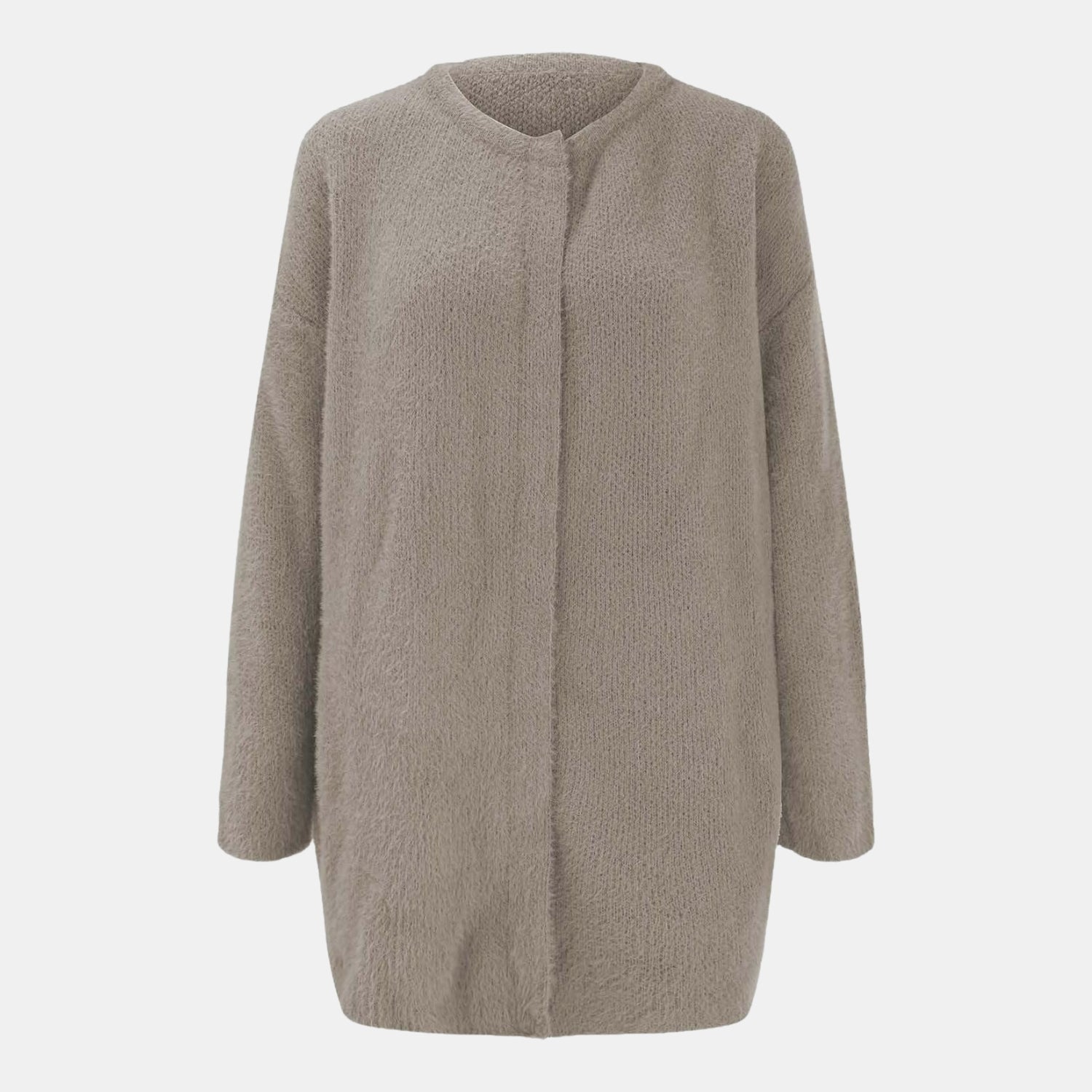 Raffinierte Strickjacke mit Stil in Beige für Damen, weiche lange Strickjacke in klassischer Vorderansicht