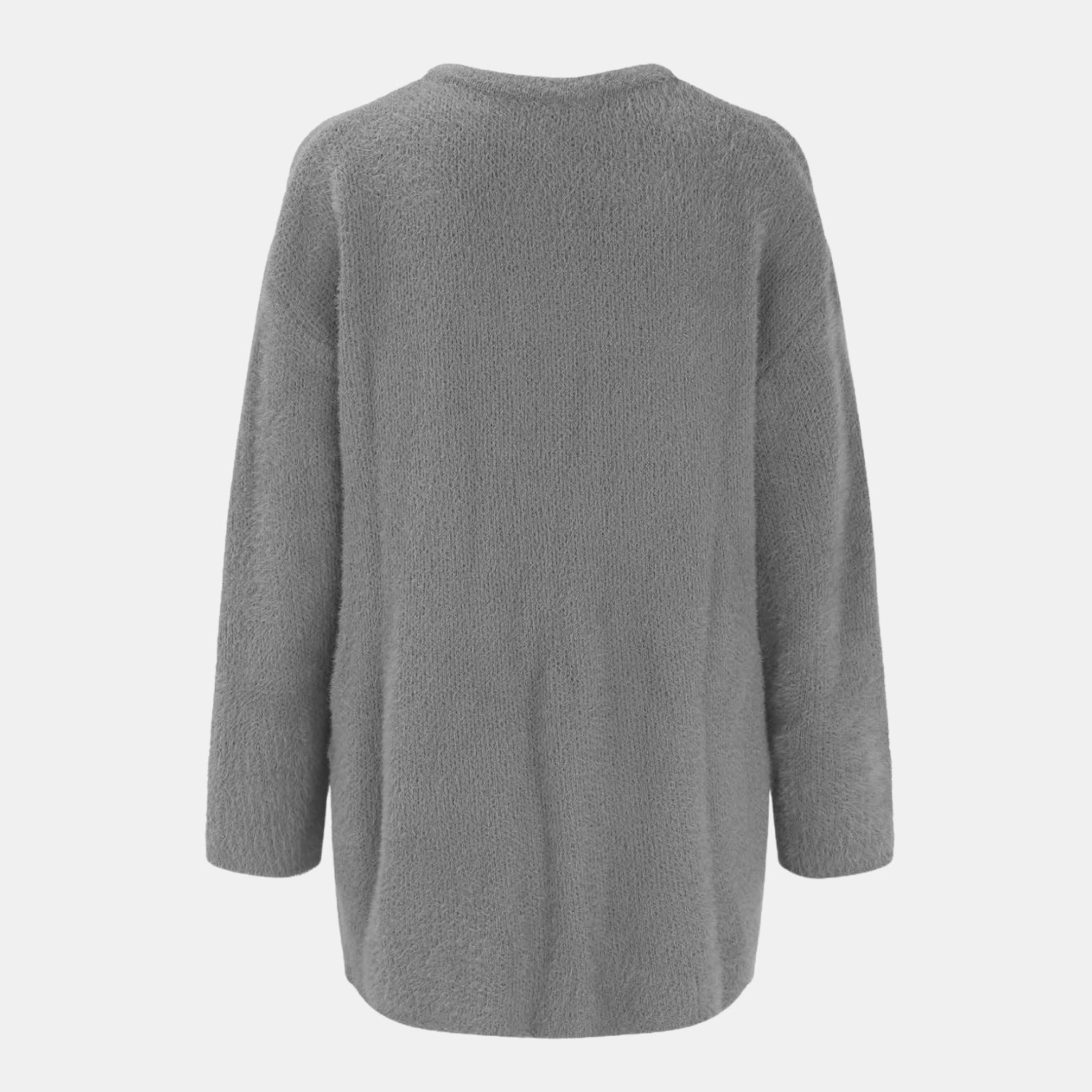 Rückansicht der Raffinierte Strickjacke mit Stil in Grau für Damen, weiche lange Strickjacke aus strukturiertem Strickstoff