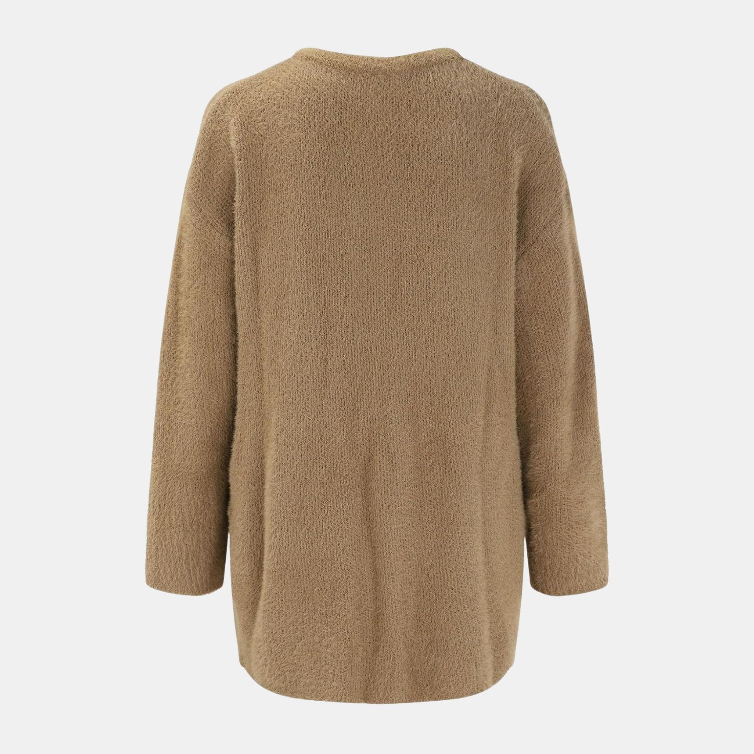 Rückansicht der Raffinierte Strickjacke mit Stil in Kamelbraun für Damen, weiche lange Strickjacke aus strukturiertem Strickstoff