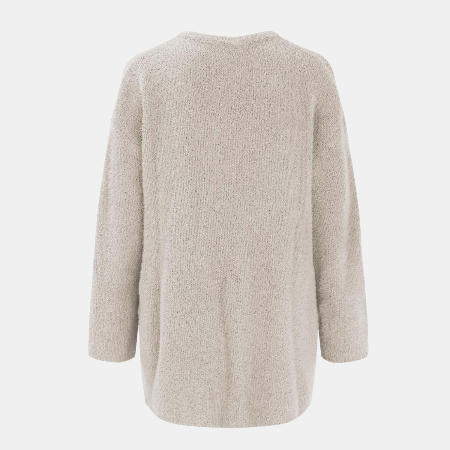 Rückansicht der Raffinierte Strickjacke mit Stil in Sandfarbe für Damen, weiche lange Strickjacke aus strukturiertem Strickstoff